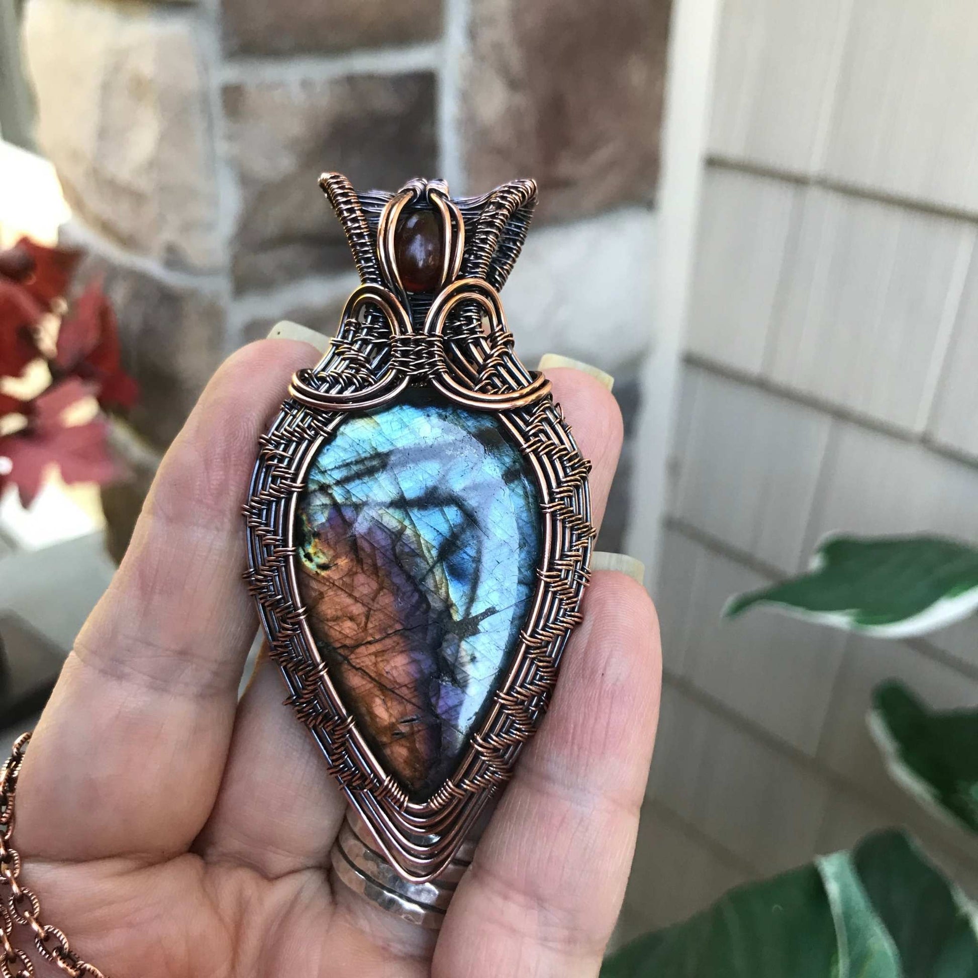 Blue Orange Labradorite with Amber Woven Copper Pendant