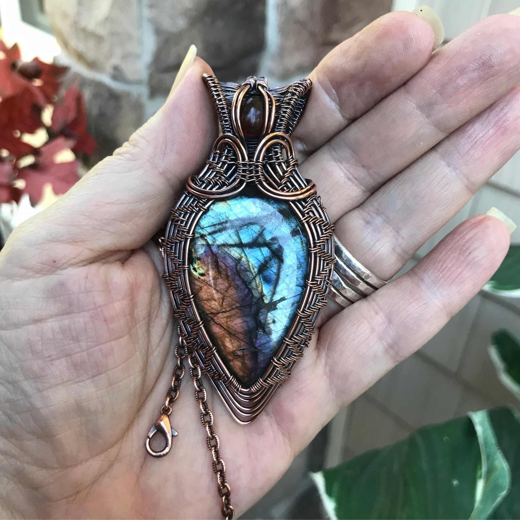 Blue Orange Labradorite with Amber Woven Copper Pendant