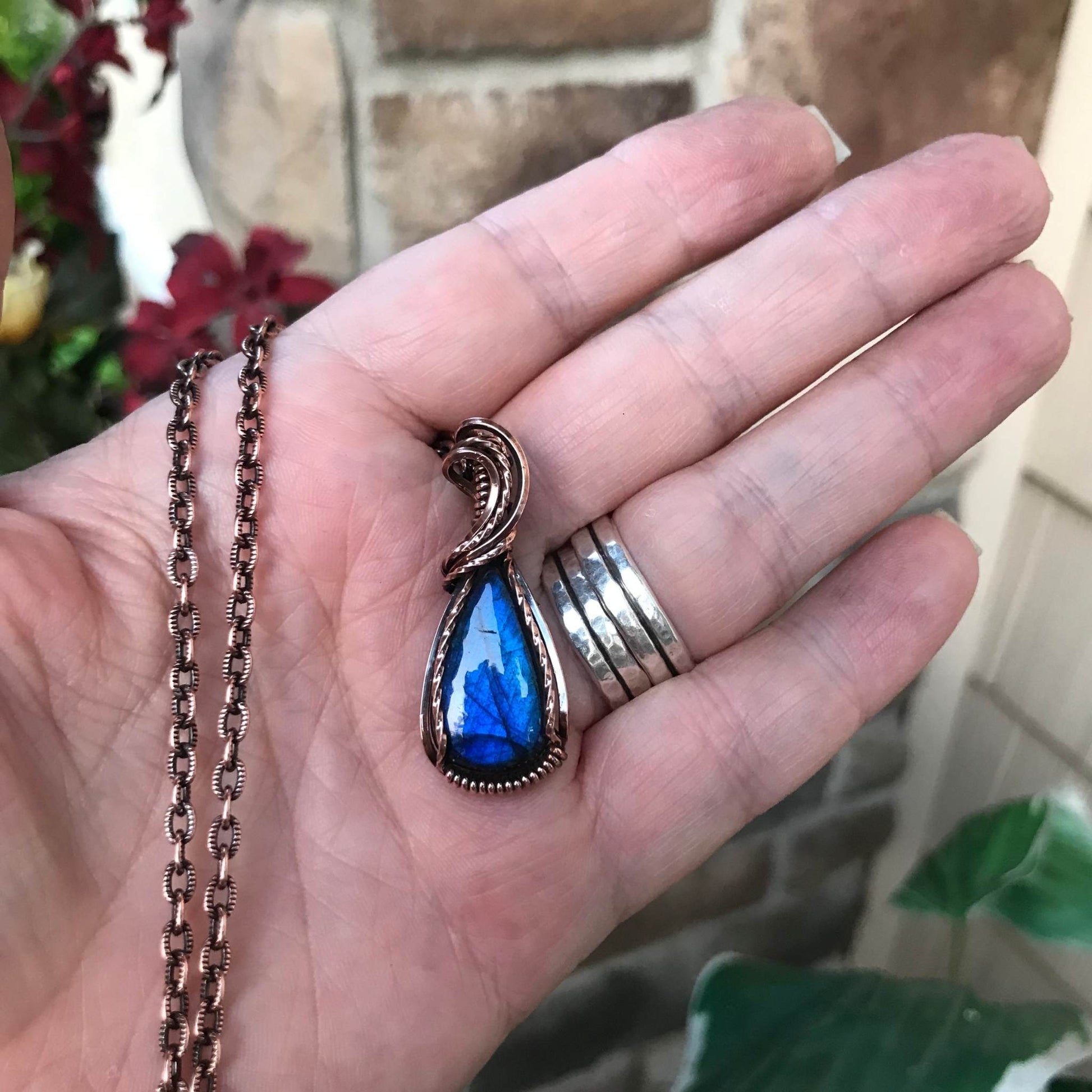 Blue small labradorite teardrop shape copper pendant by Moonlet Jewelry