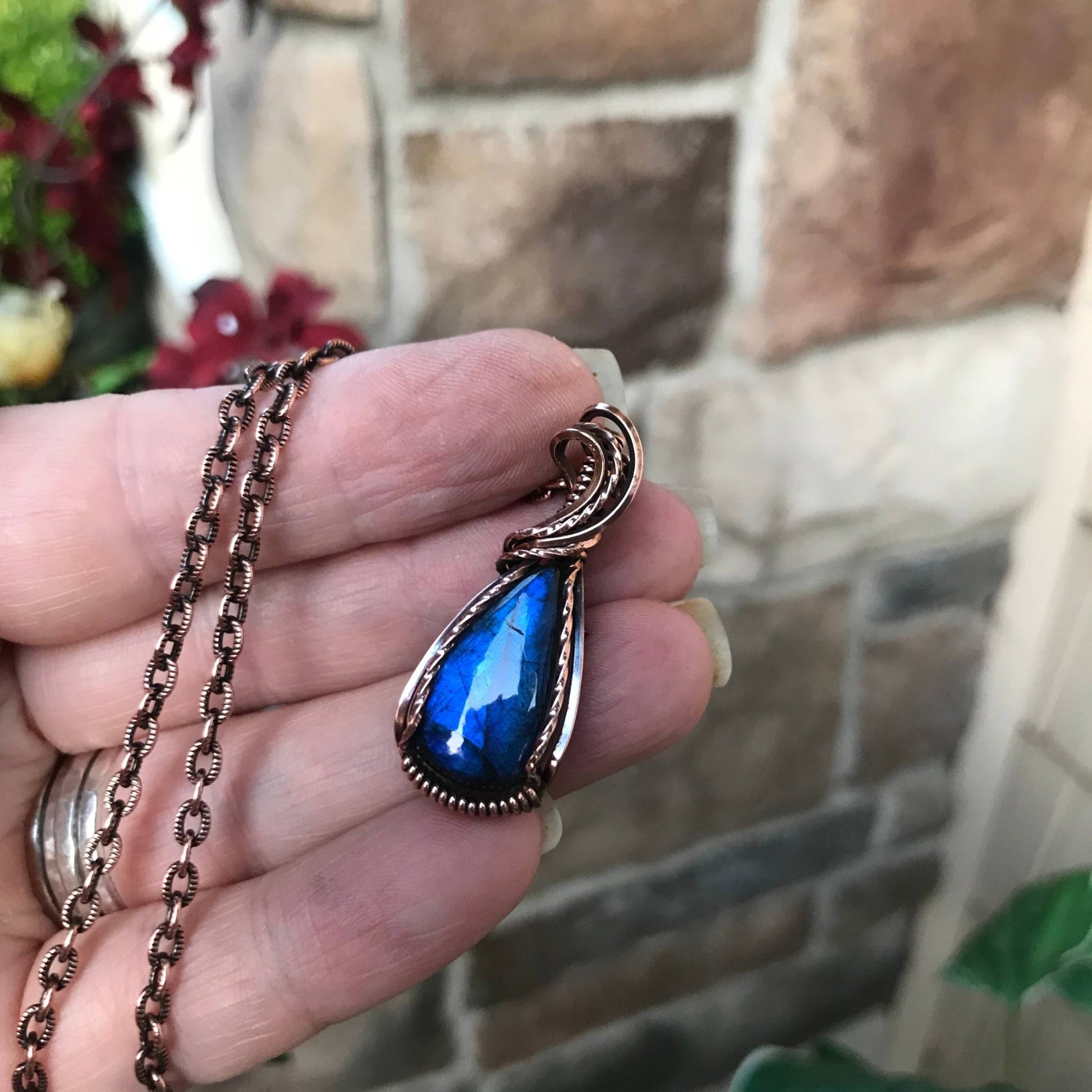 Blue small labradorite teardrop shape copper pendant by Moonlet Jewelry