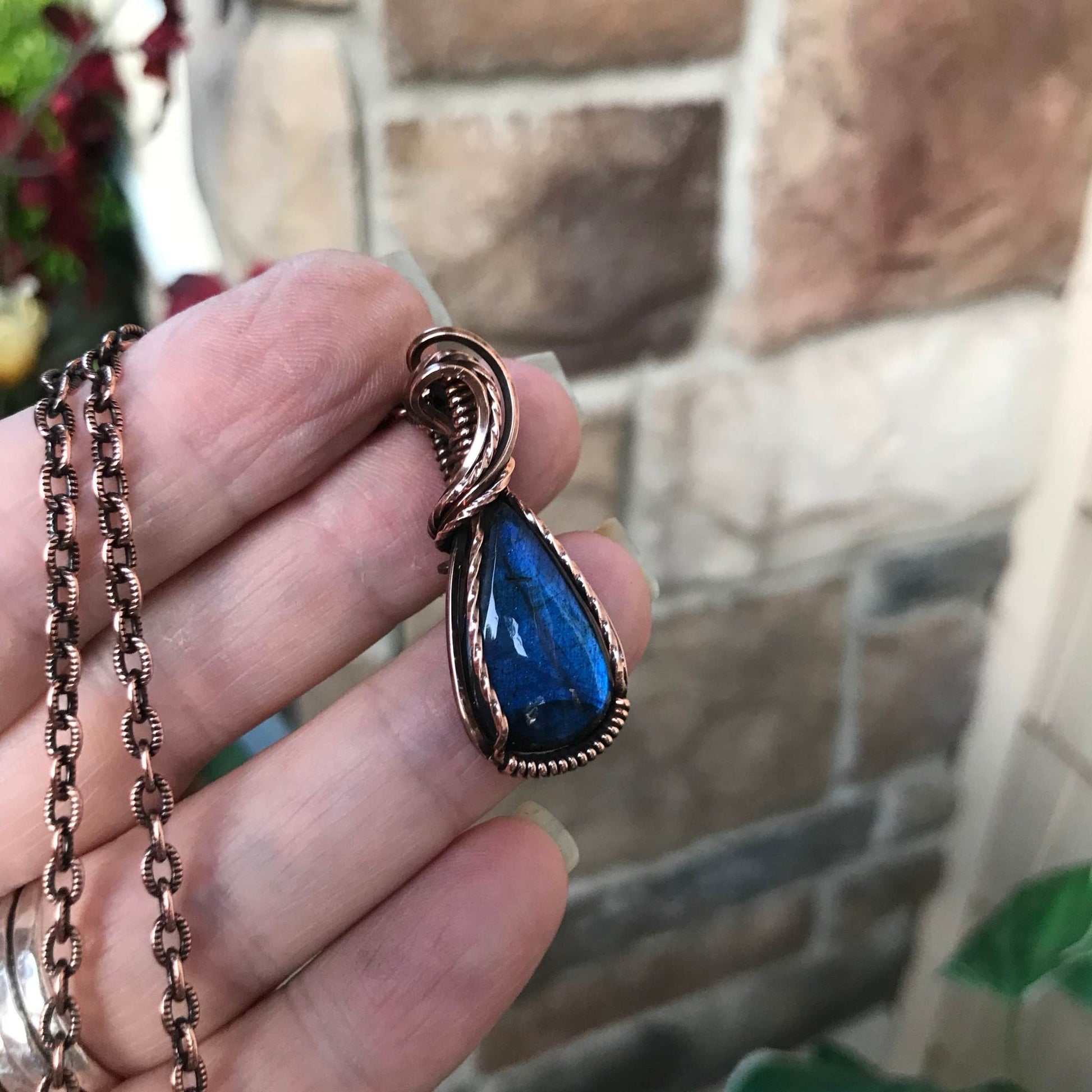 Blue small labradorite teardrop shape copper pendant by Moonlet Jewelry