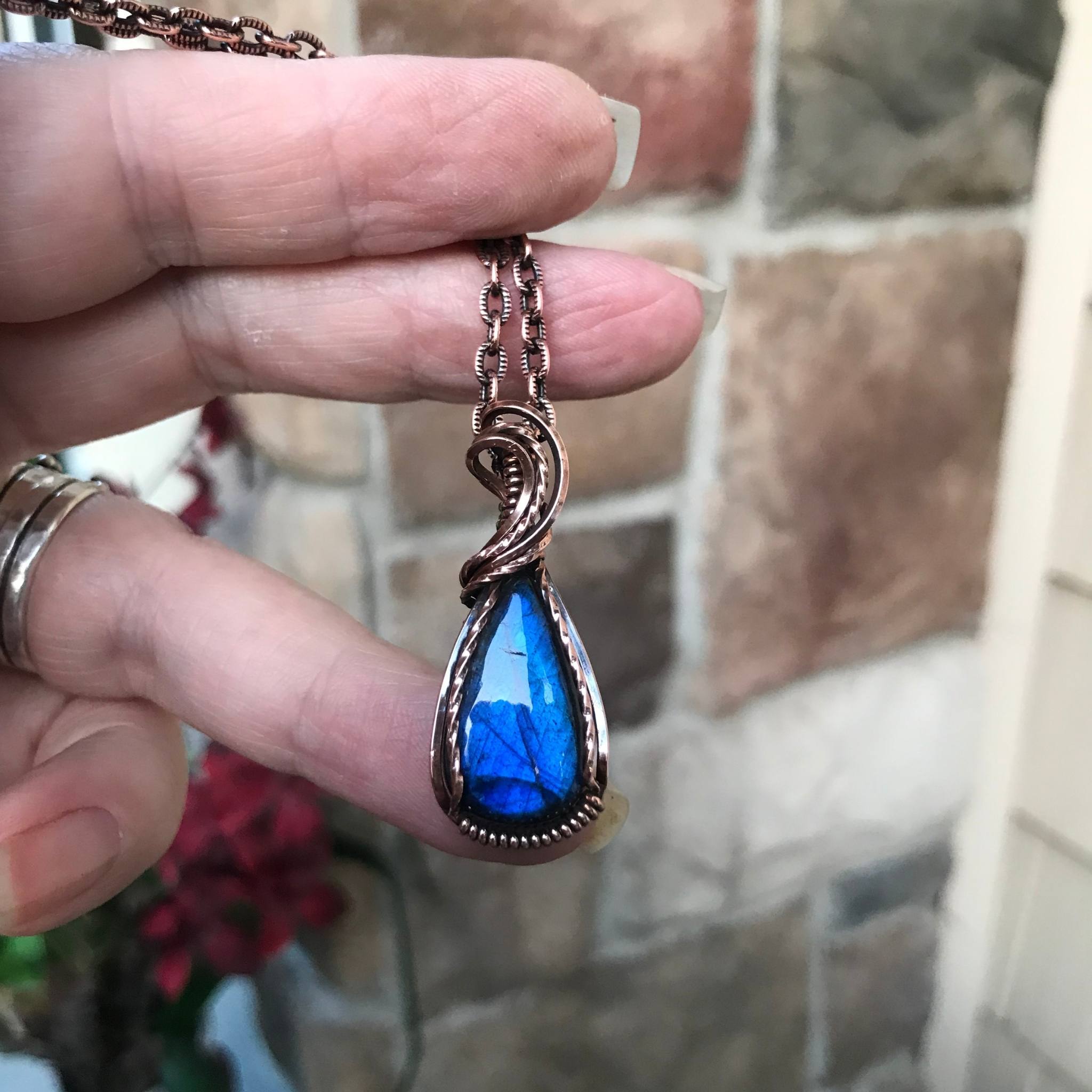 Blue small labradorite teardrop shape copper pendant by Moonlet Jewelry