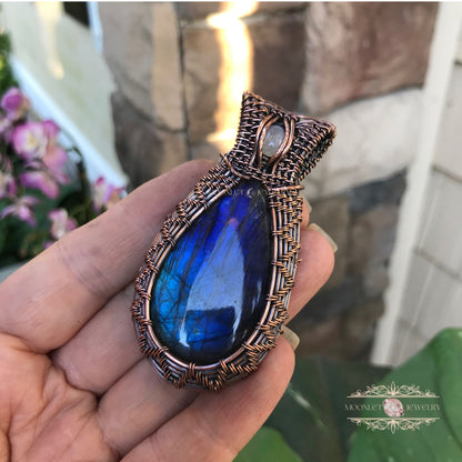 Blue Labradorite & Moonstone Copper Wire Weave Necklace