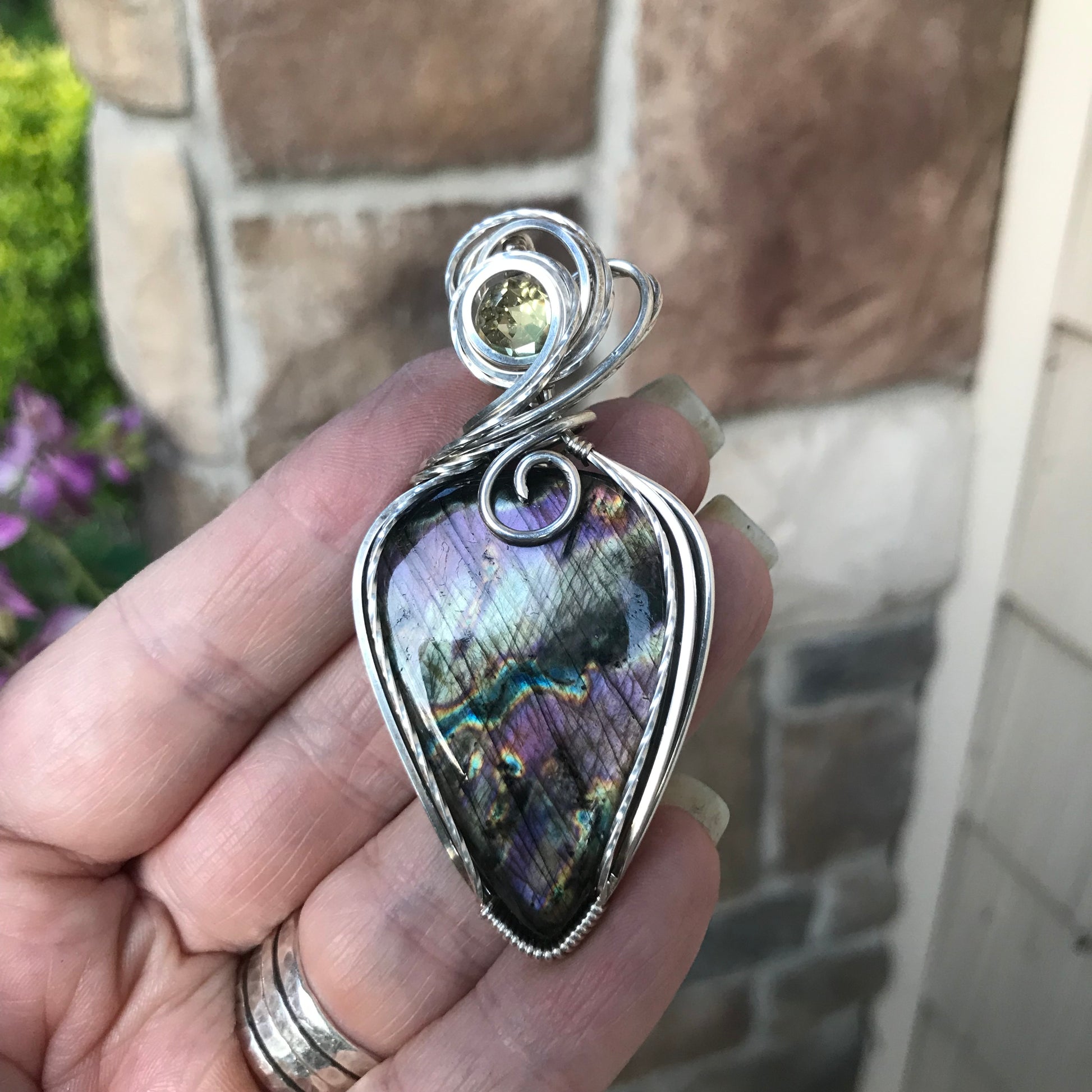 Reserved - Purple Labradorite & Lemon Quartz  Silver Pendant