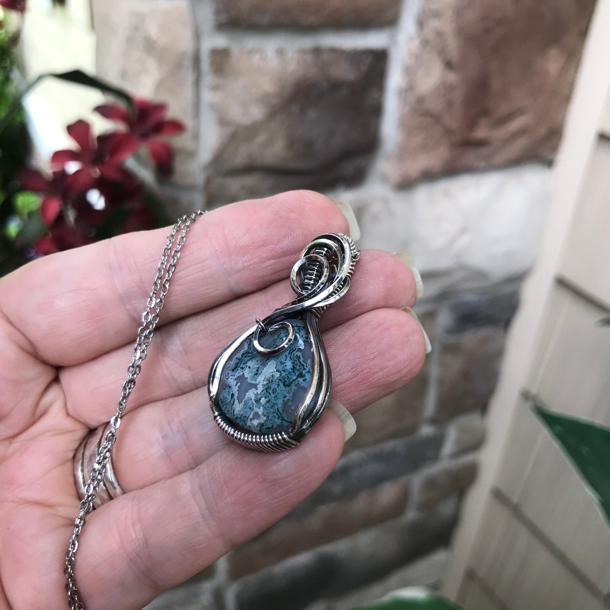 Teal Moss Agate  Sterling Silver Necklace
