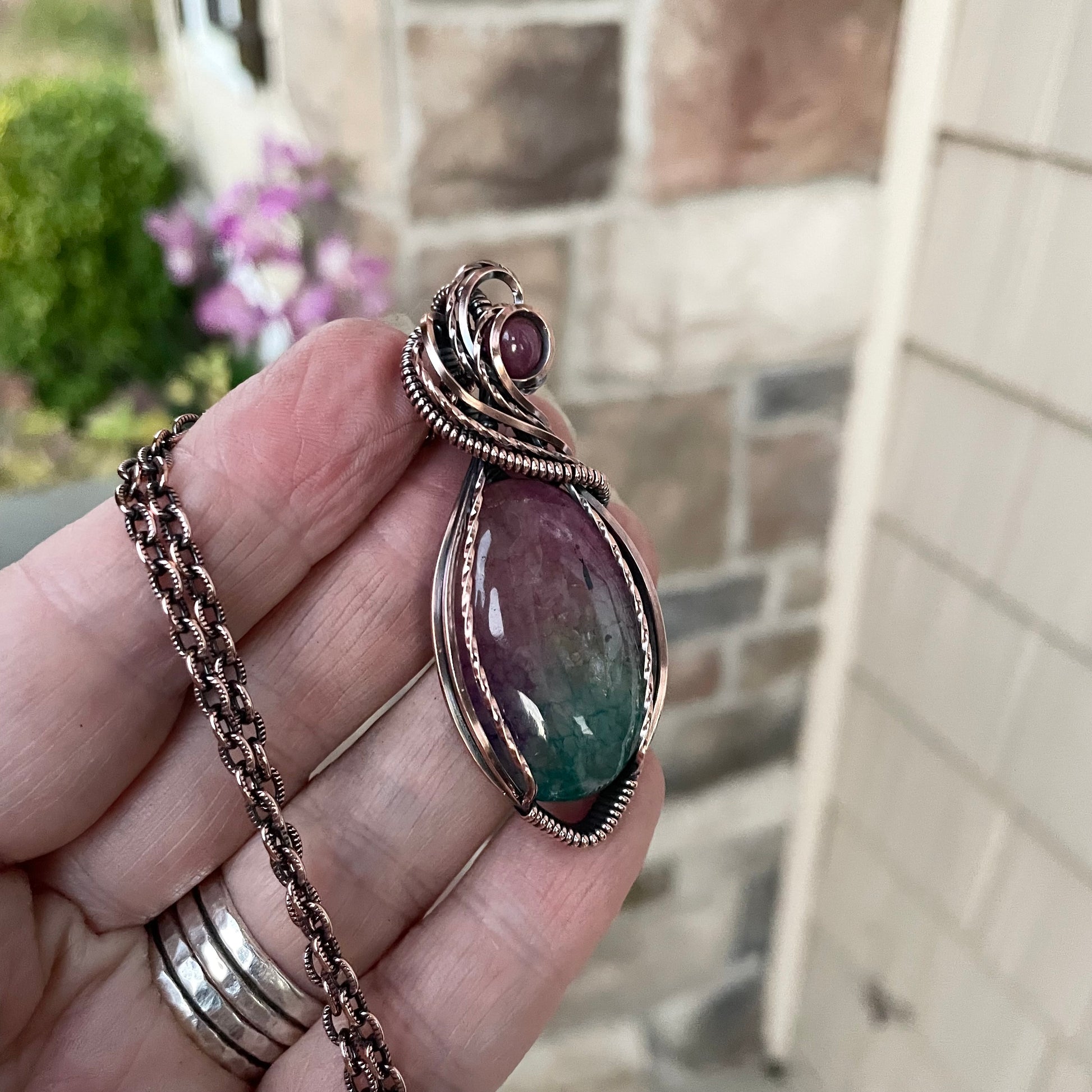 Rainbow Solar Quartz & Ruby Copper Pendant
