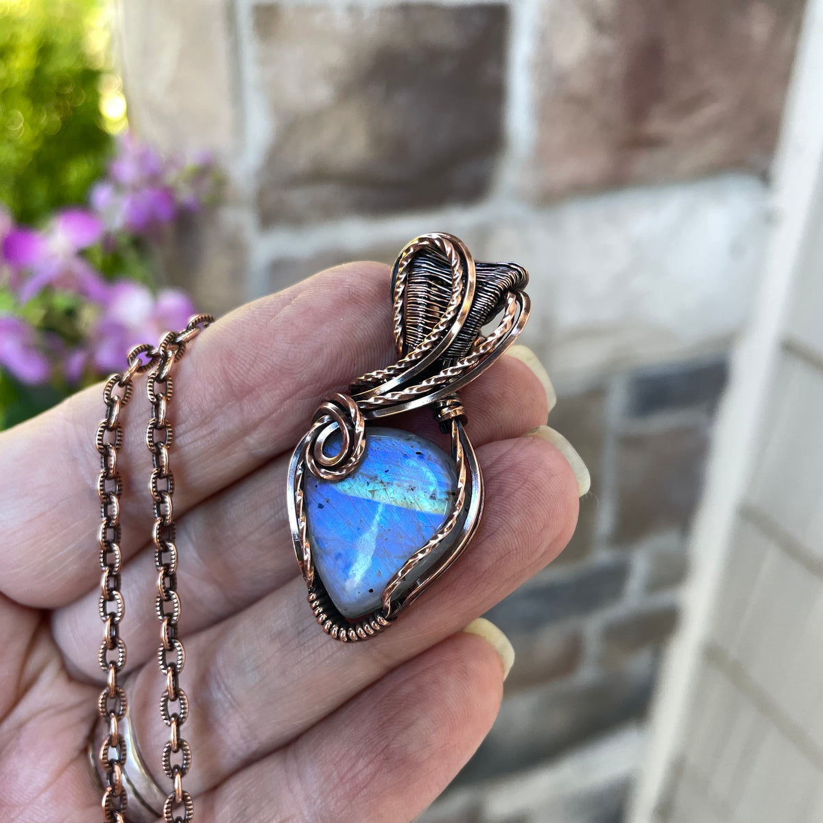 Blue Moonstone with Tourmaline Flecks Copper Pendant
