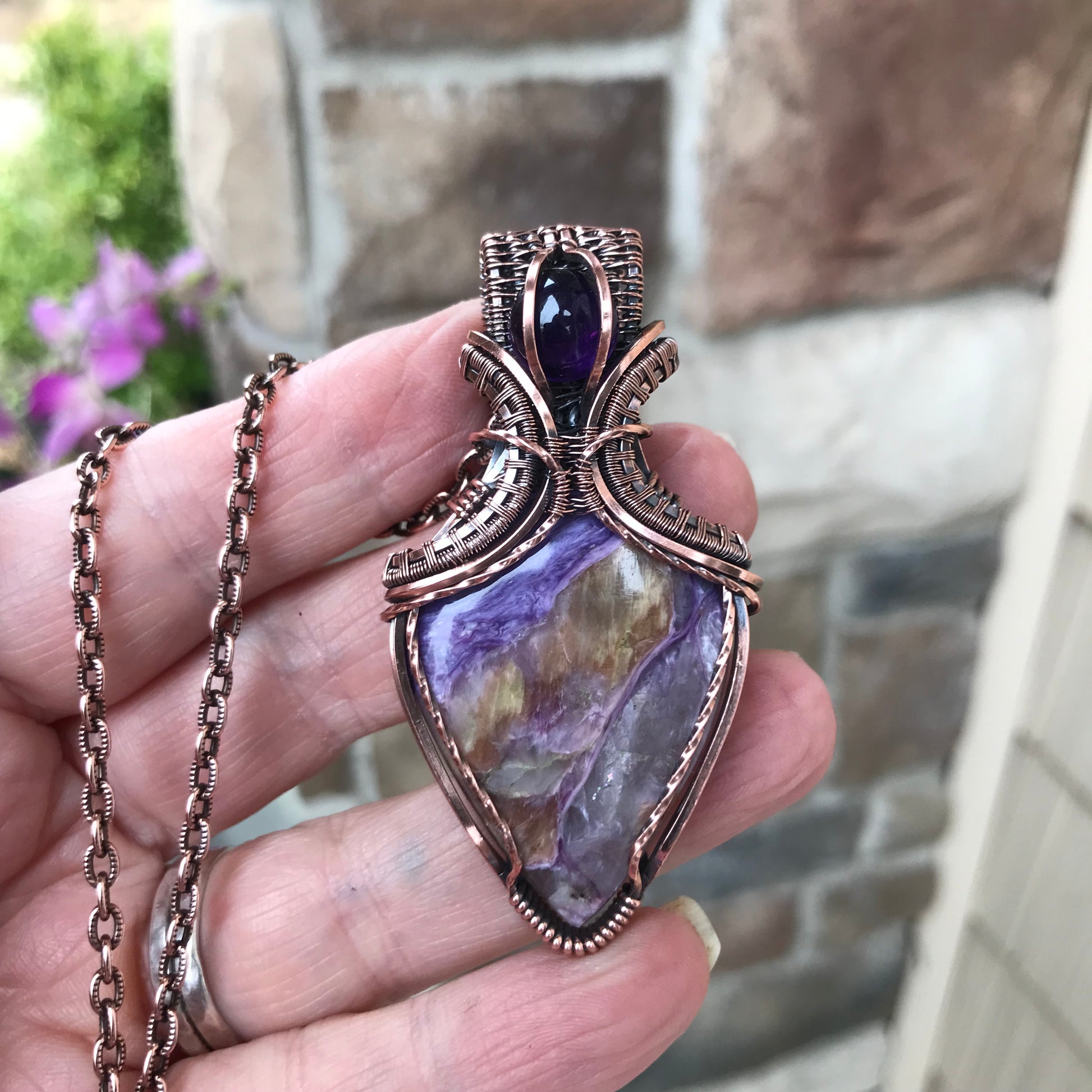 Charoite & Amethyst Copper Pendant with Weaving