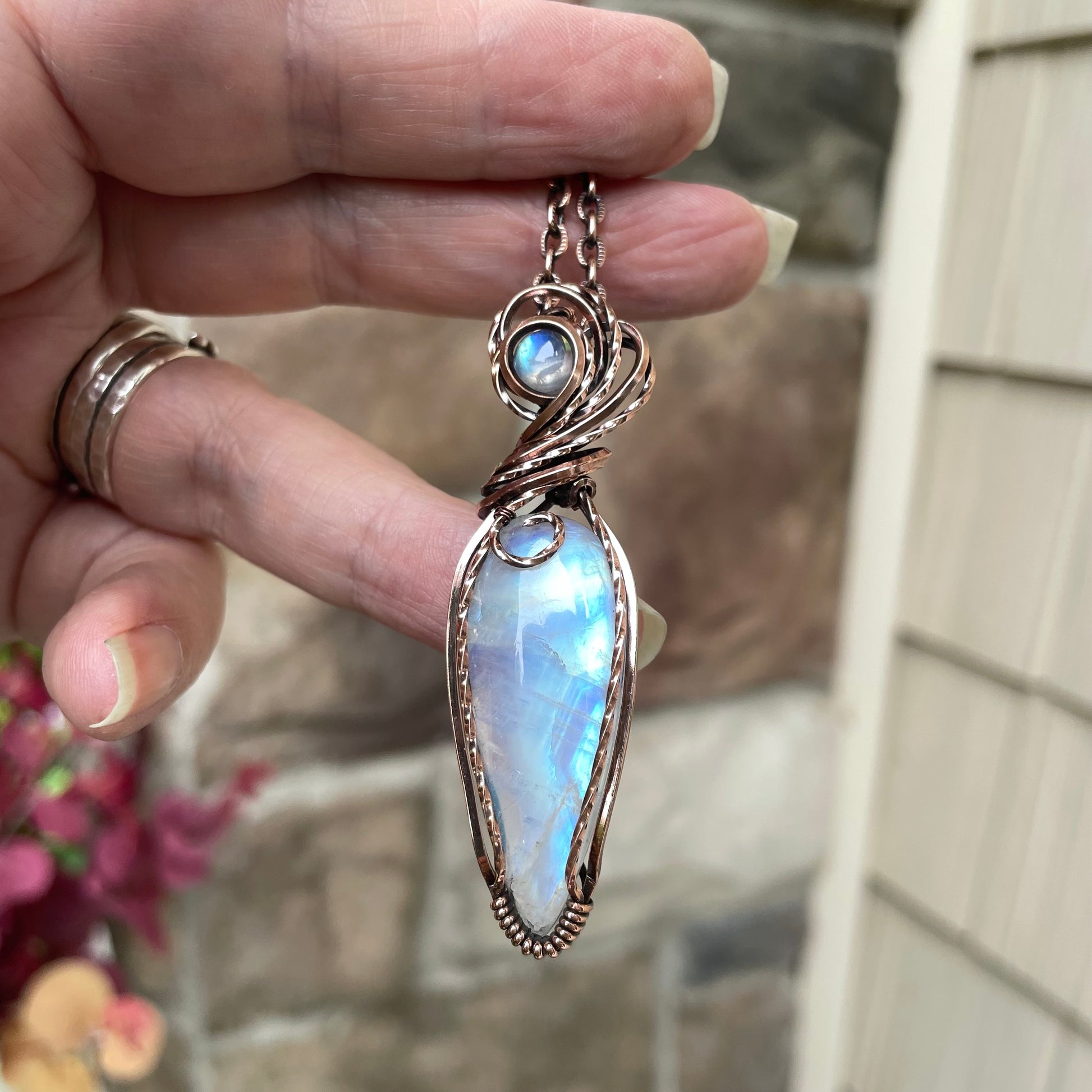 Moonstone Slender Swirly Copper Pendant