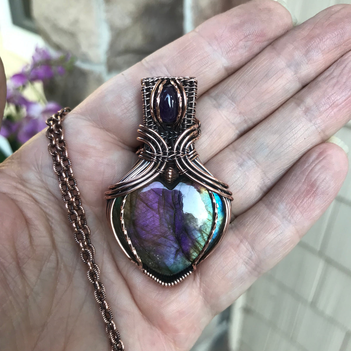 Rainbow Labradorite & Amethyst Copper Pendant