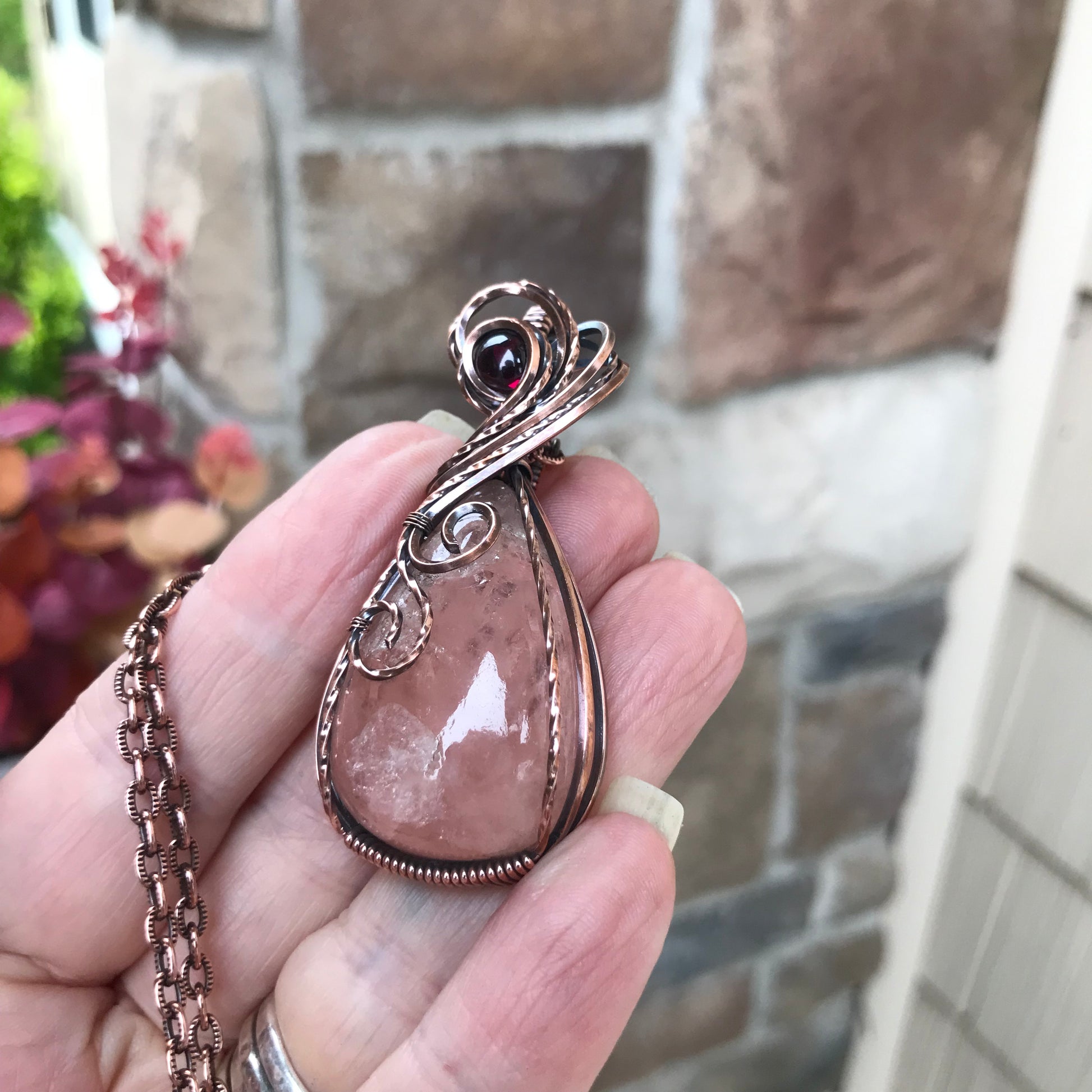 Morganite & Garnet Copper Swirly Necklace