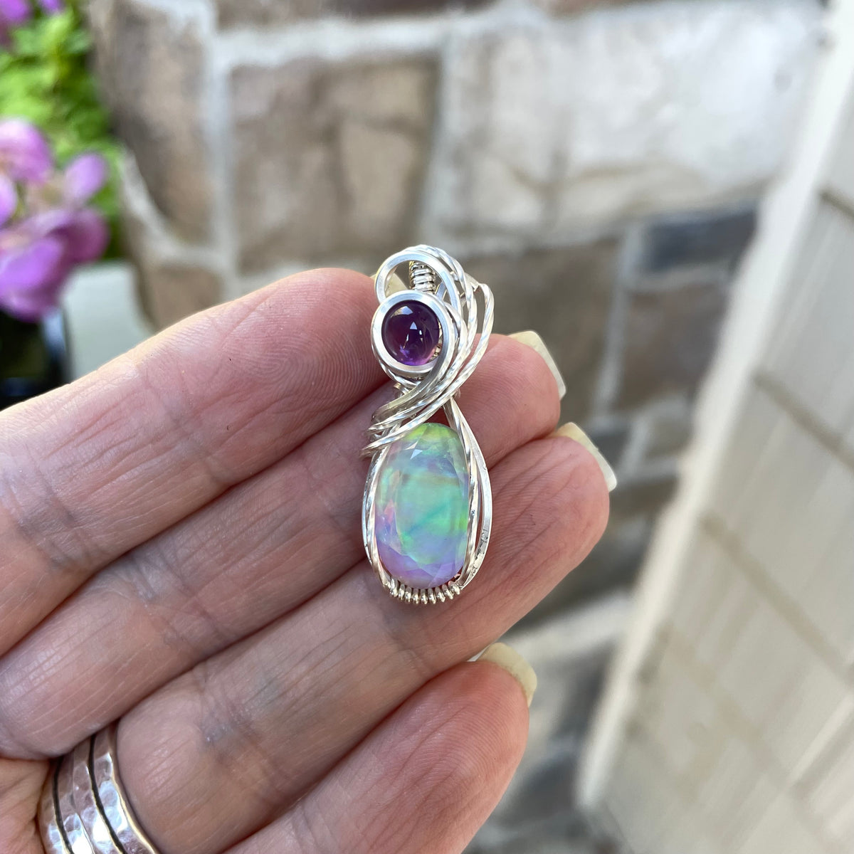 Aurora Opal Oval Silver Pendant