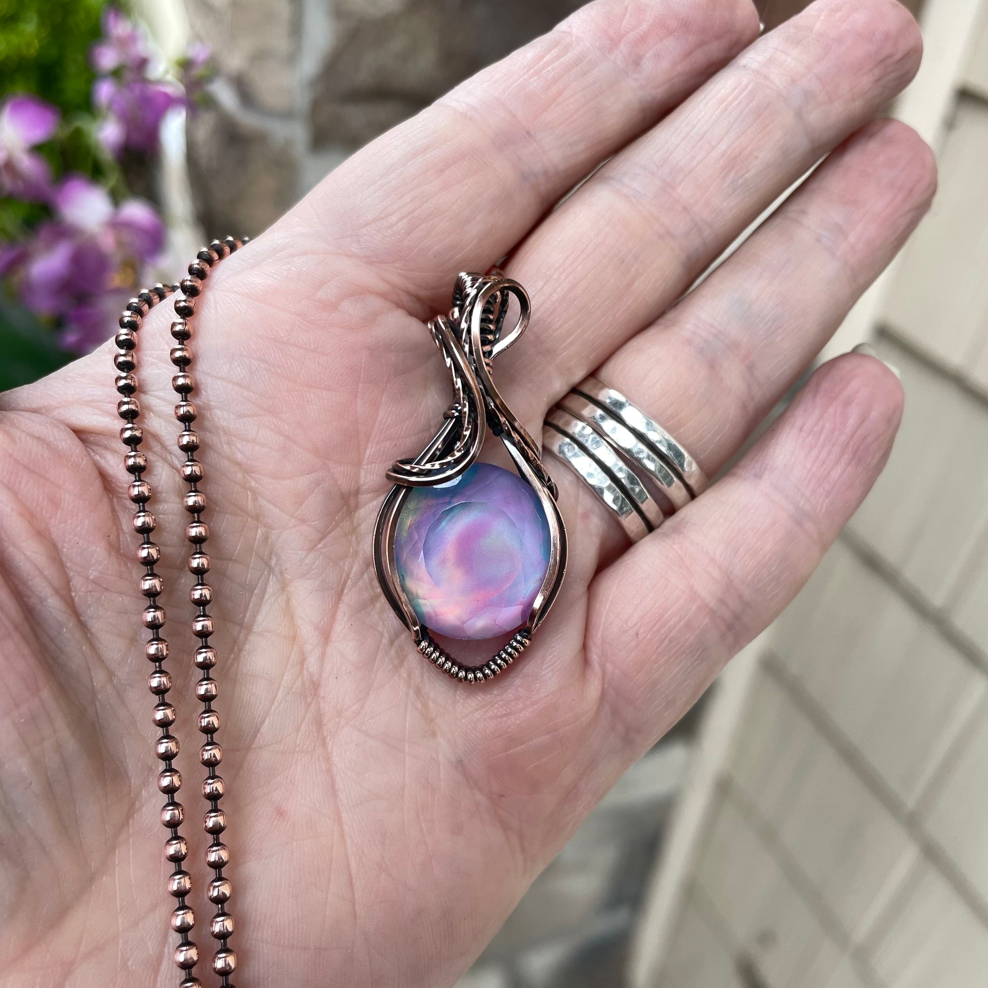 Aurora Opal Pink Purple Round Copper Pendant