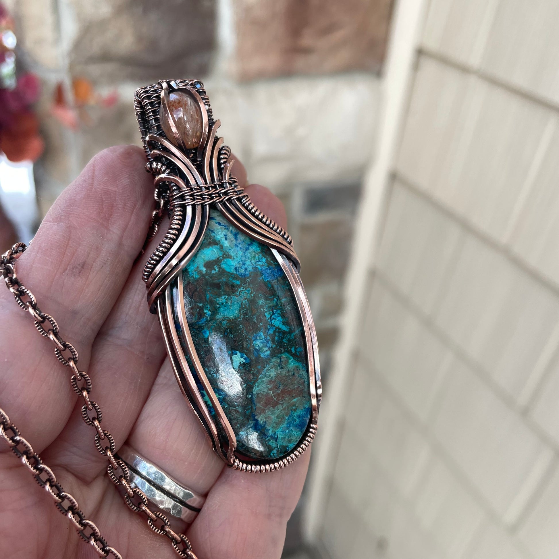 Shattuckite & Sunstone Oval Pendant with Weaving
