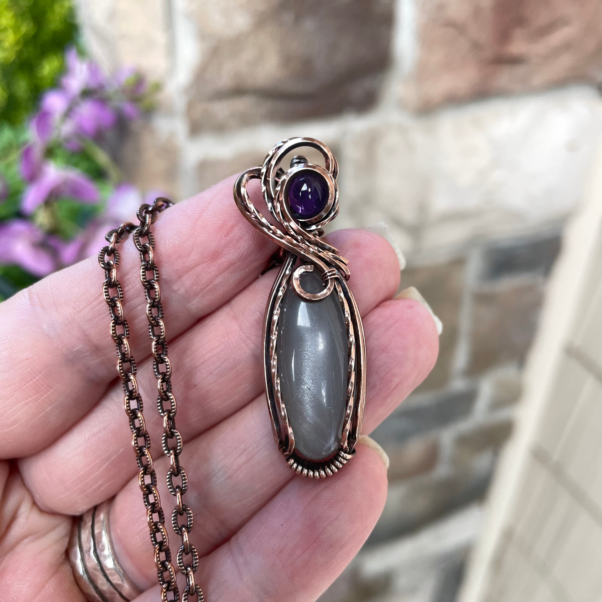Gray Moonstone & Amethyst Copper Pendant