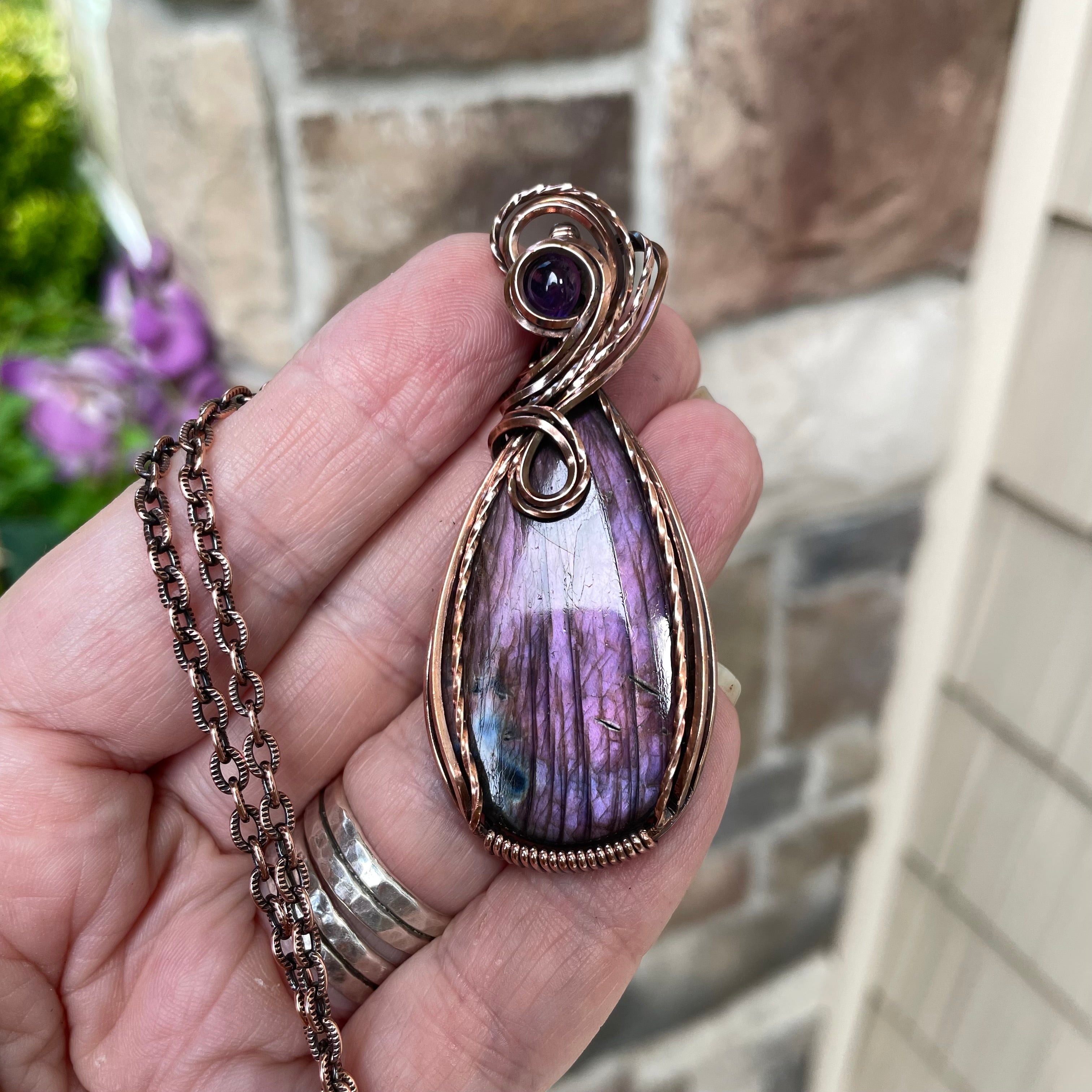 Purple Labradorite & Amethyst Copper Pendant