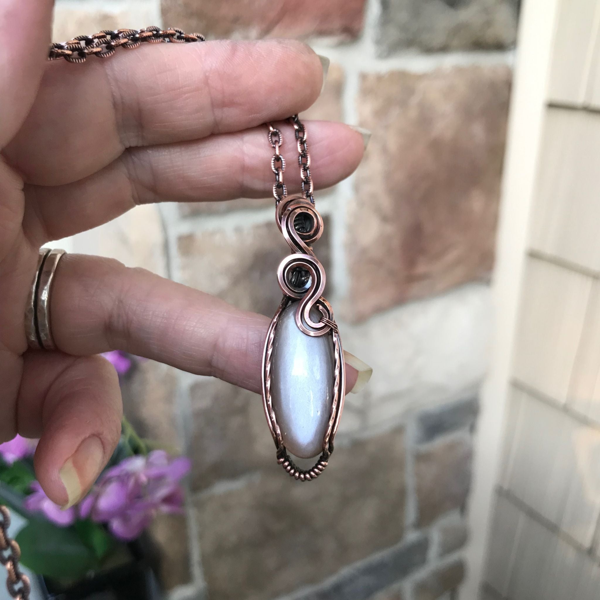 Gray Moonstone Slender Oval Copper Necklace