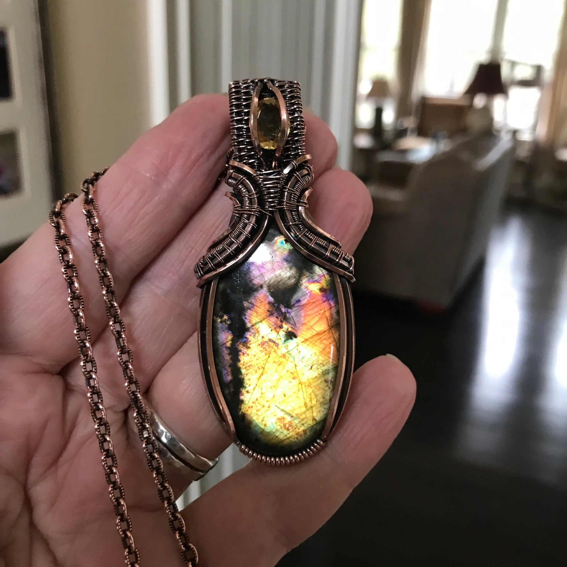 Yellow Orange Black Labradorite & Citrine Copper Pendant