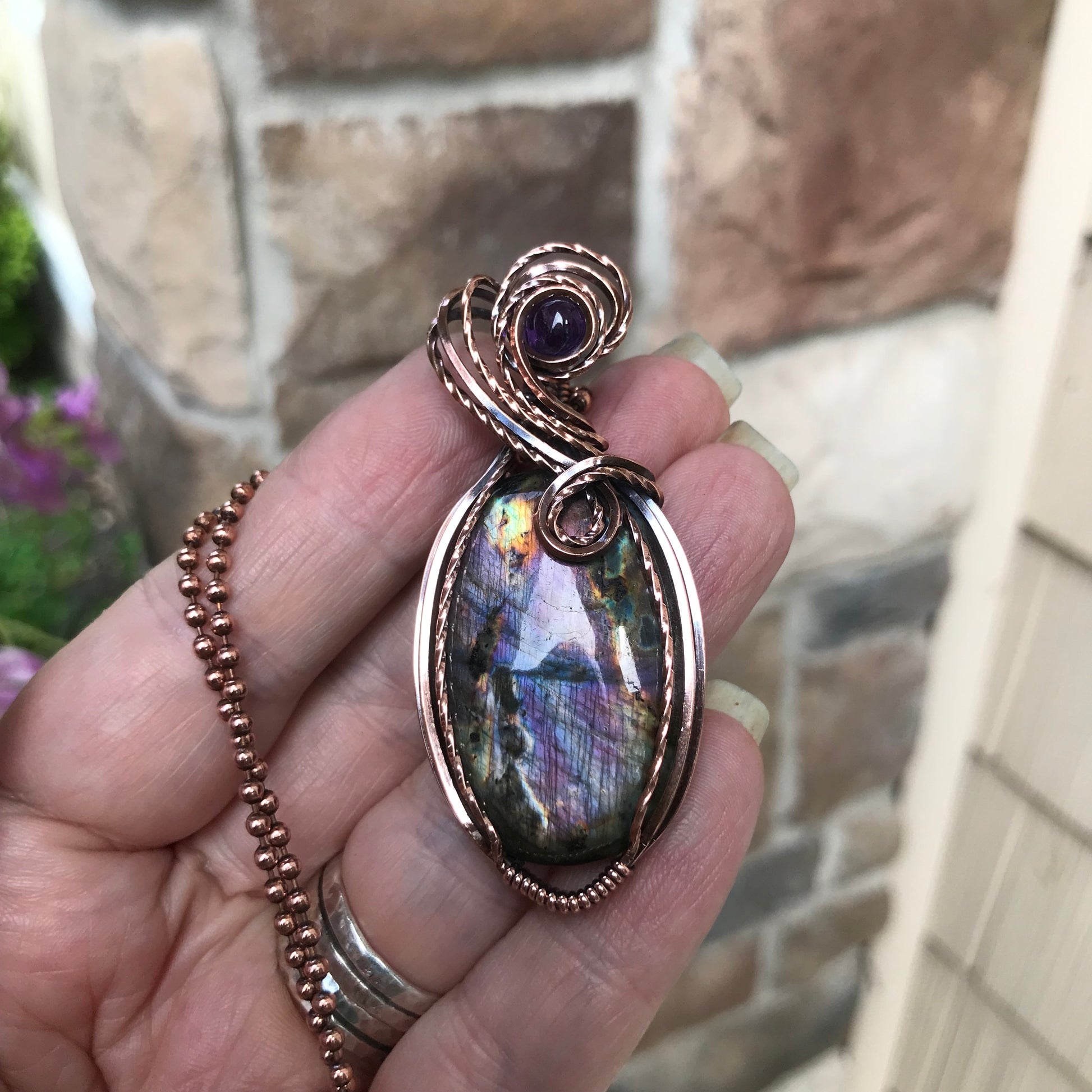 Smoky Purple Rainbow Labradorite & Amethyst Oval Copper Pendant