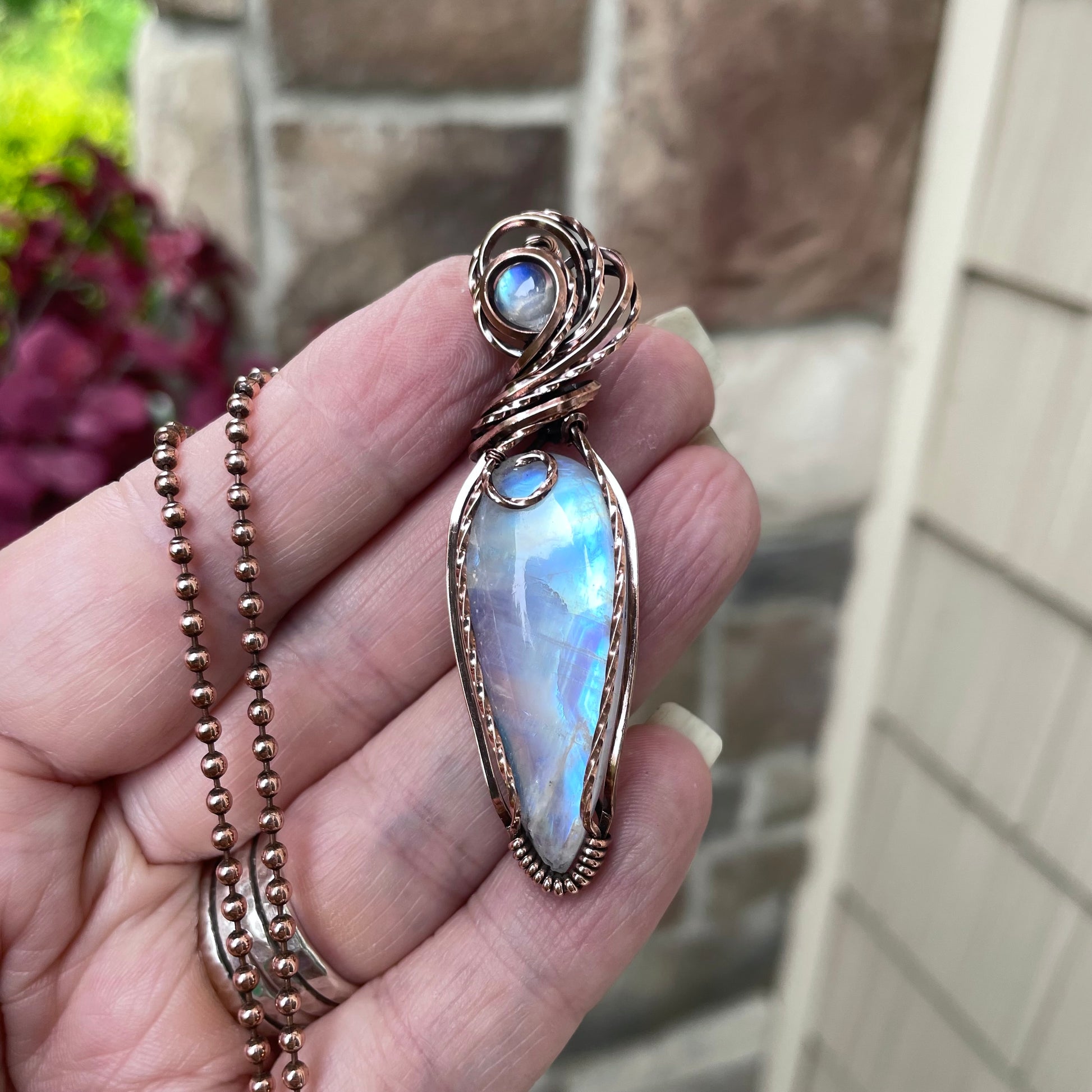 Moonstone Slender Swirly Copper Pendant