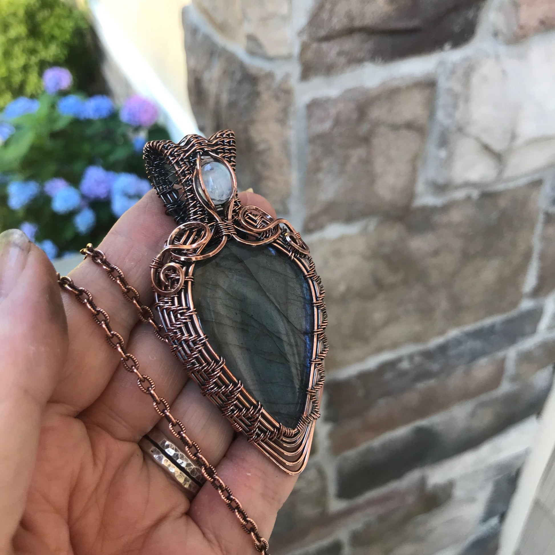 Blue Purple Labradorite & Moonstone Woven Copper Pendant