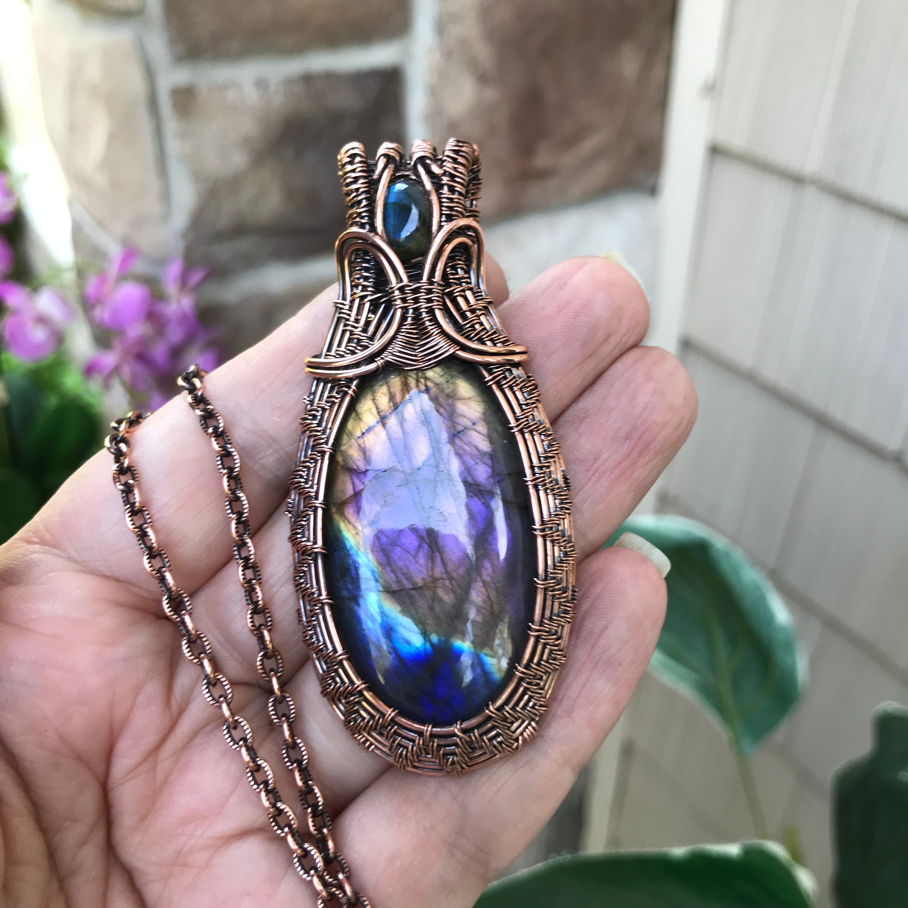 Rainbow Labradorite Woven Copper Pendant
