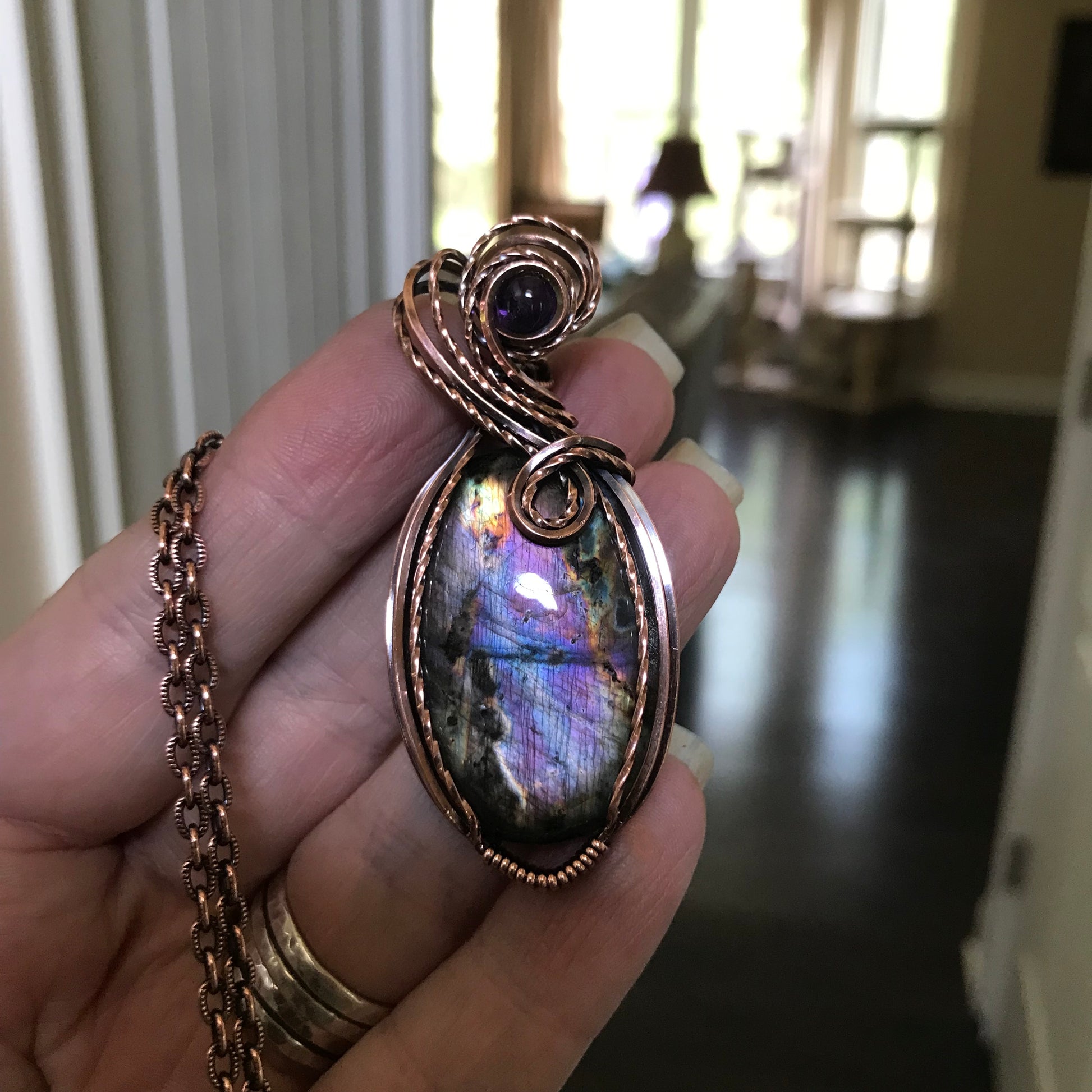 Smoky Purple Rainbow Labradorite & Amethyst Oval Copper Pendant