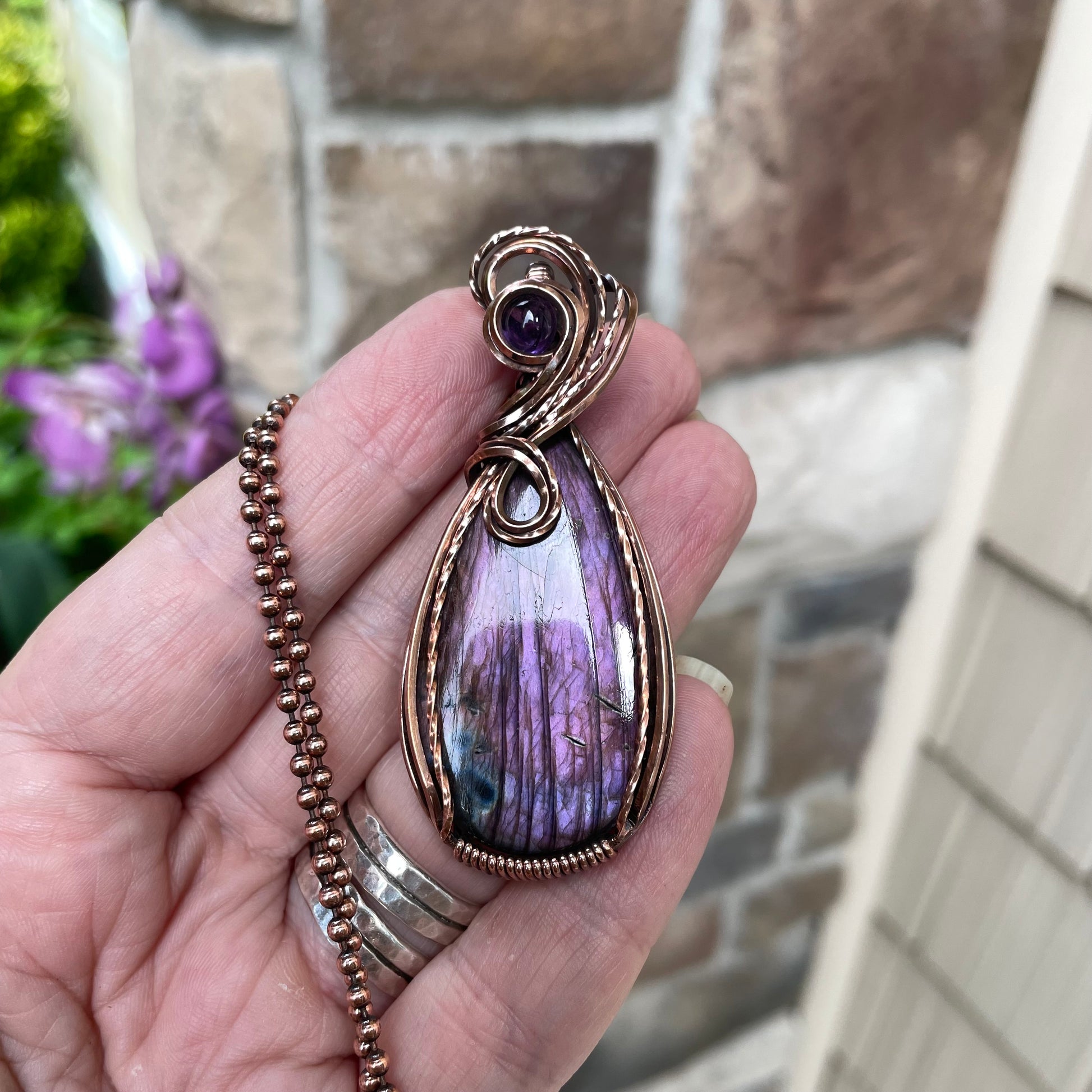 Purple Labradorite & Amethyst Copper Pendant