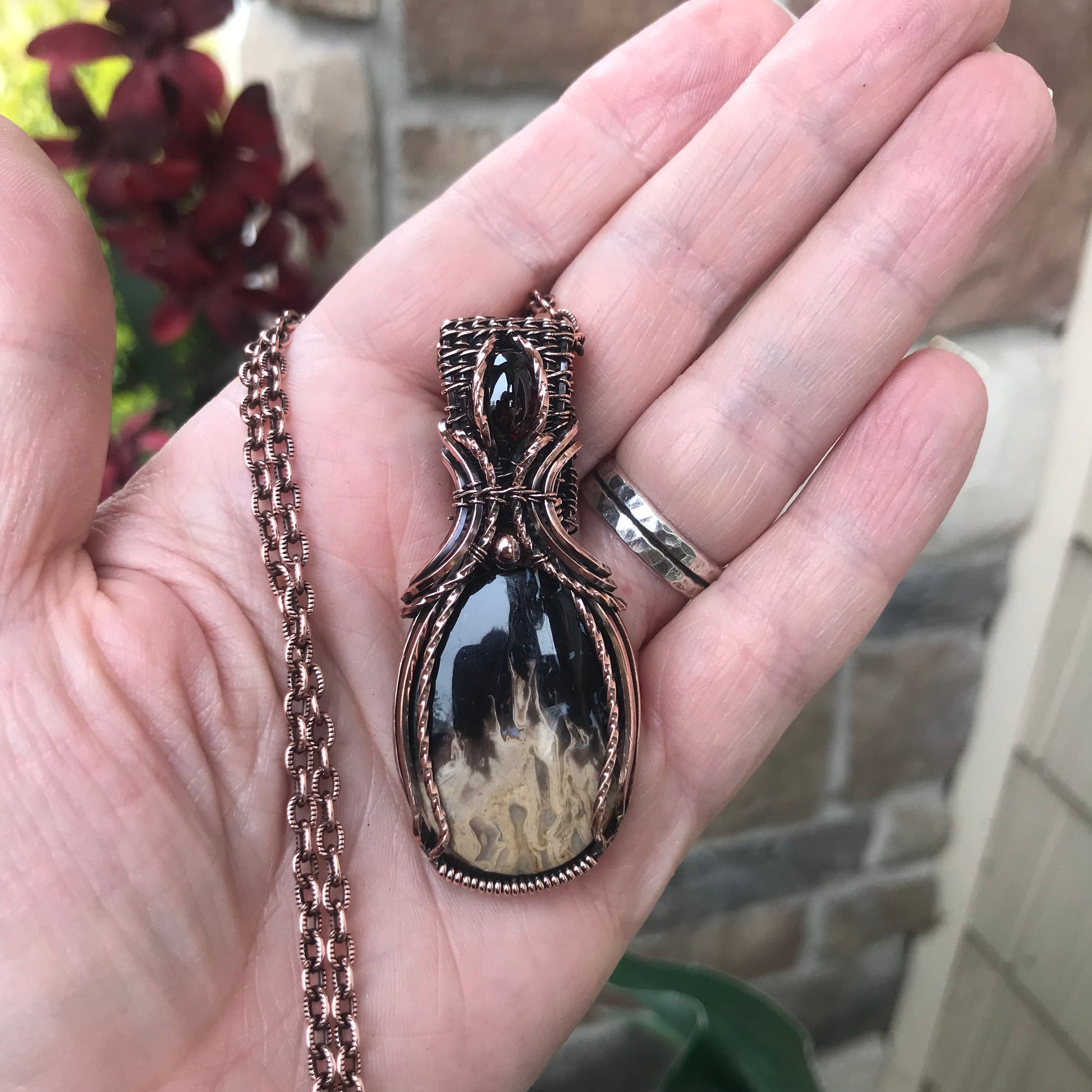 Petrified Palm Wood & Garnet Copper Necklace