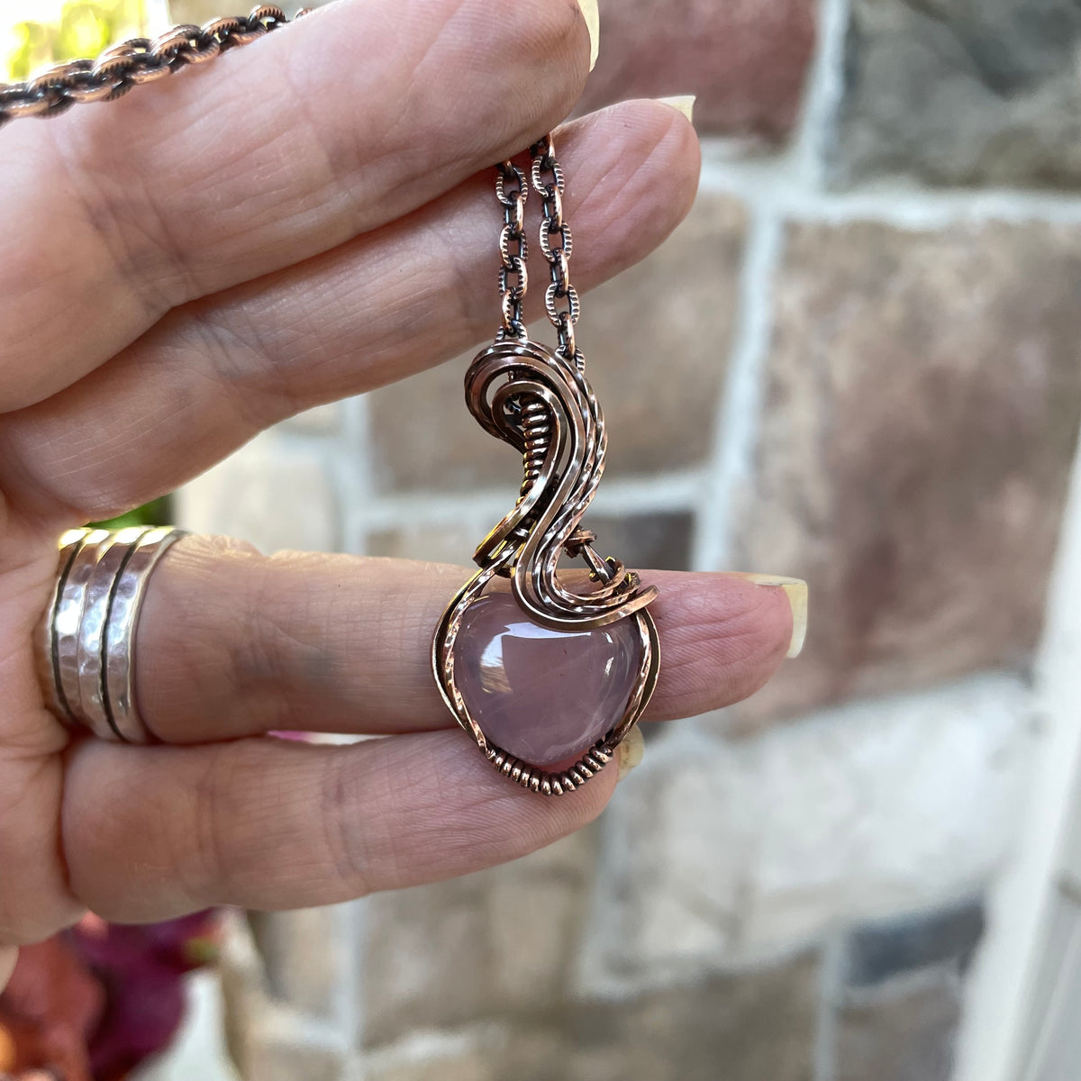 Rose Quartz Small Copper Heart Necklace