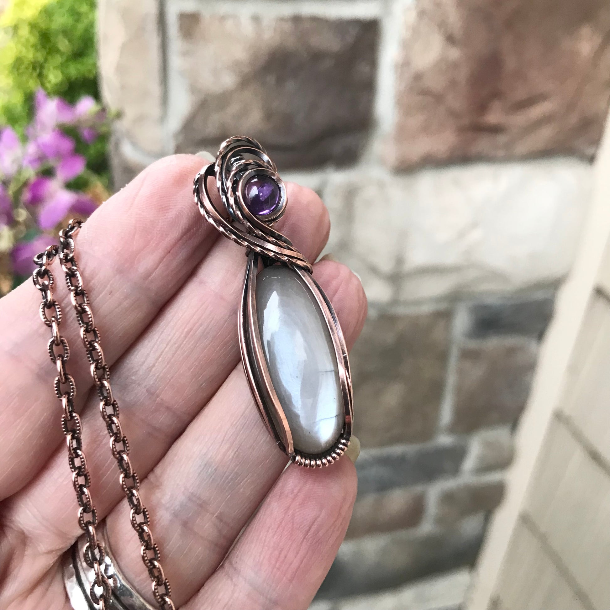 Gray Moonstone & Amethyst Copper Necklace