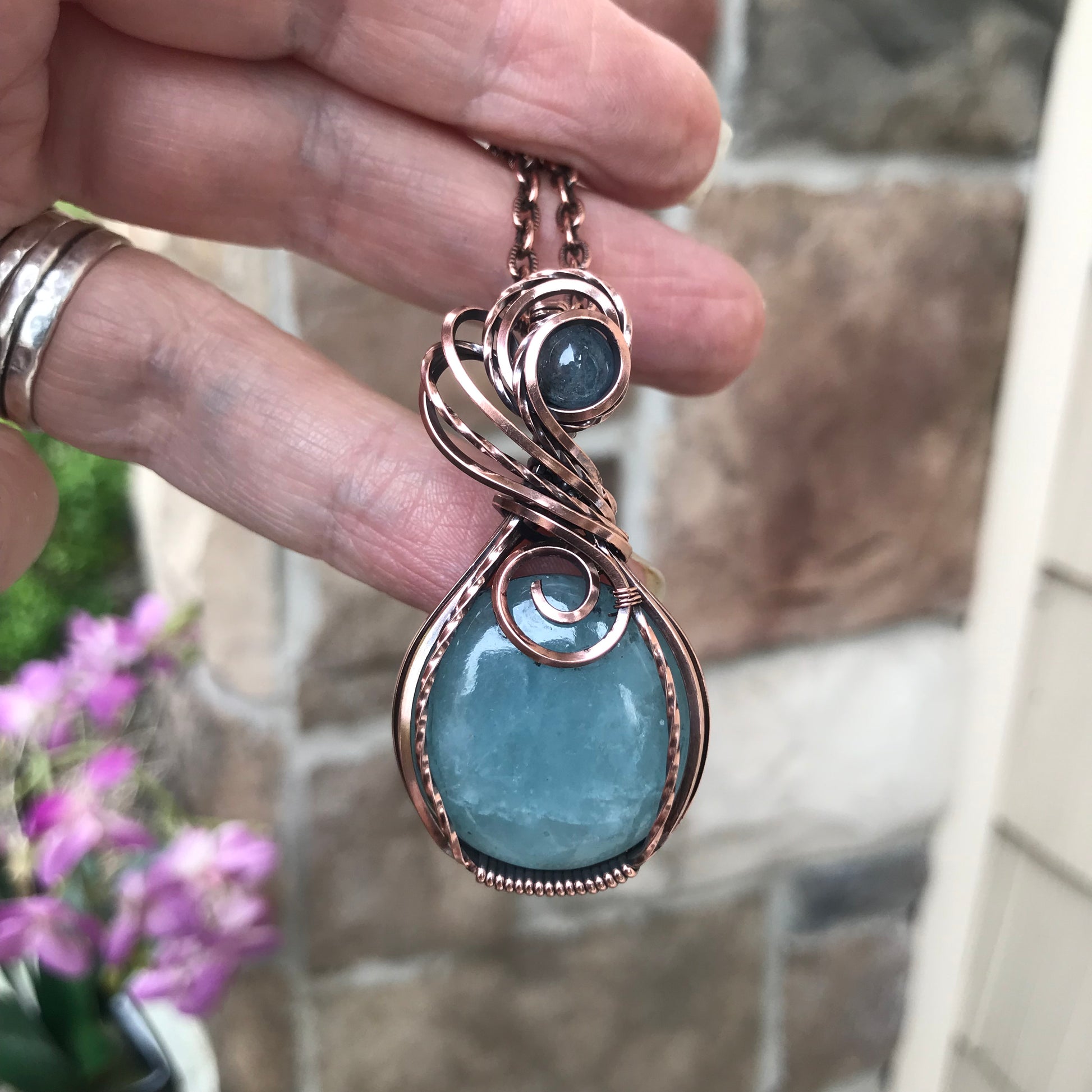 Aquamarine Swirly Copper Pendant