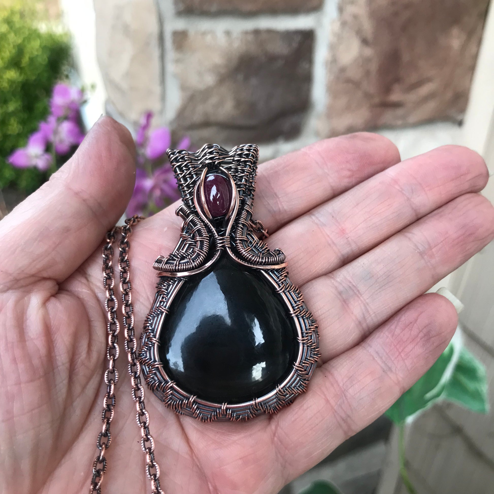 Black Obsidian & Ruby Woven Copper Necklace