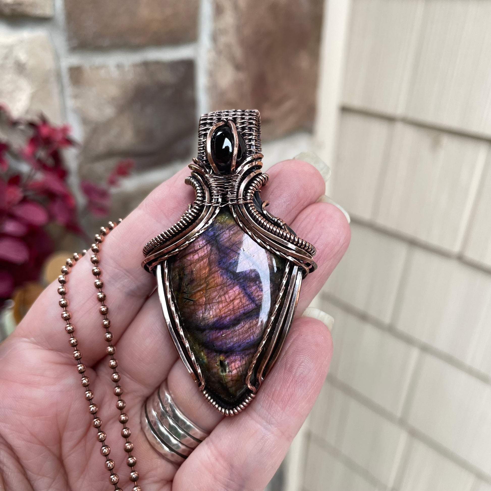 Maroon Purple Labradorite & Garnet Copper Pendant with Weaving