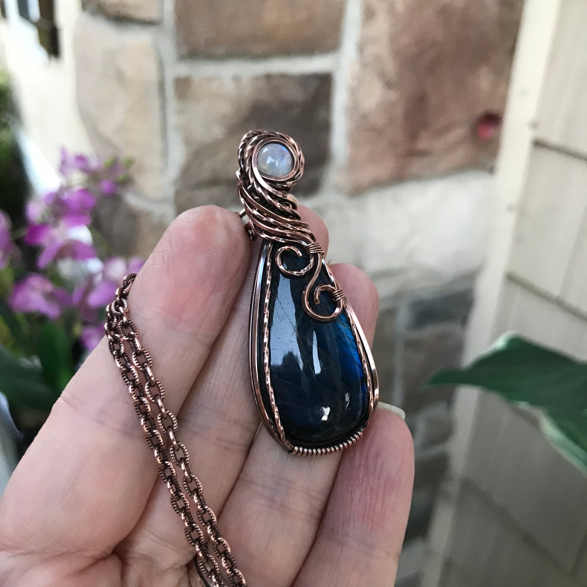 Blue Labradorite & Moonstone Slender Teardrop Copper Pendant