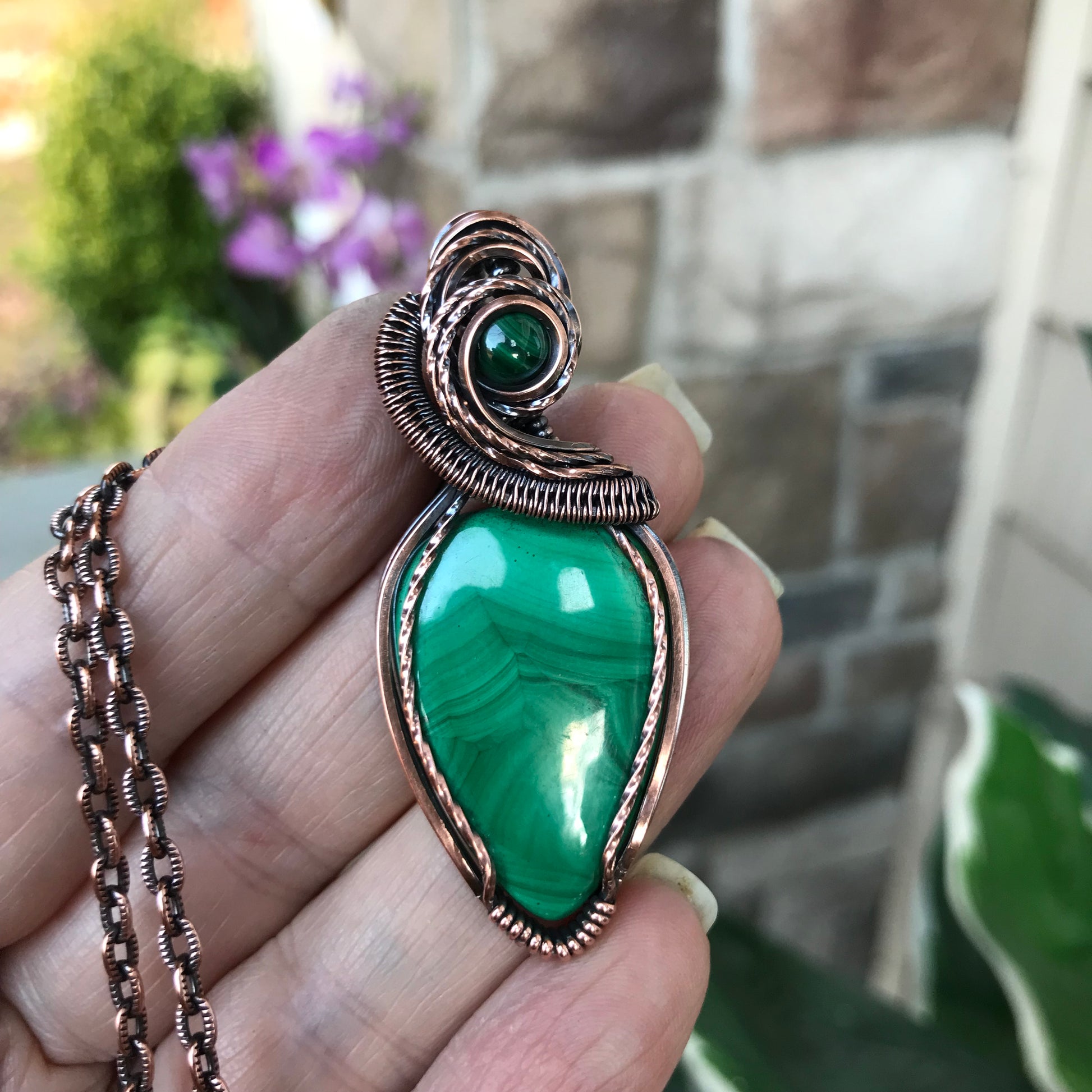 Malachite w/Malachite Accent Copper Teardrop Pendant