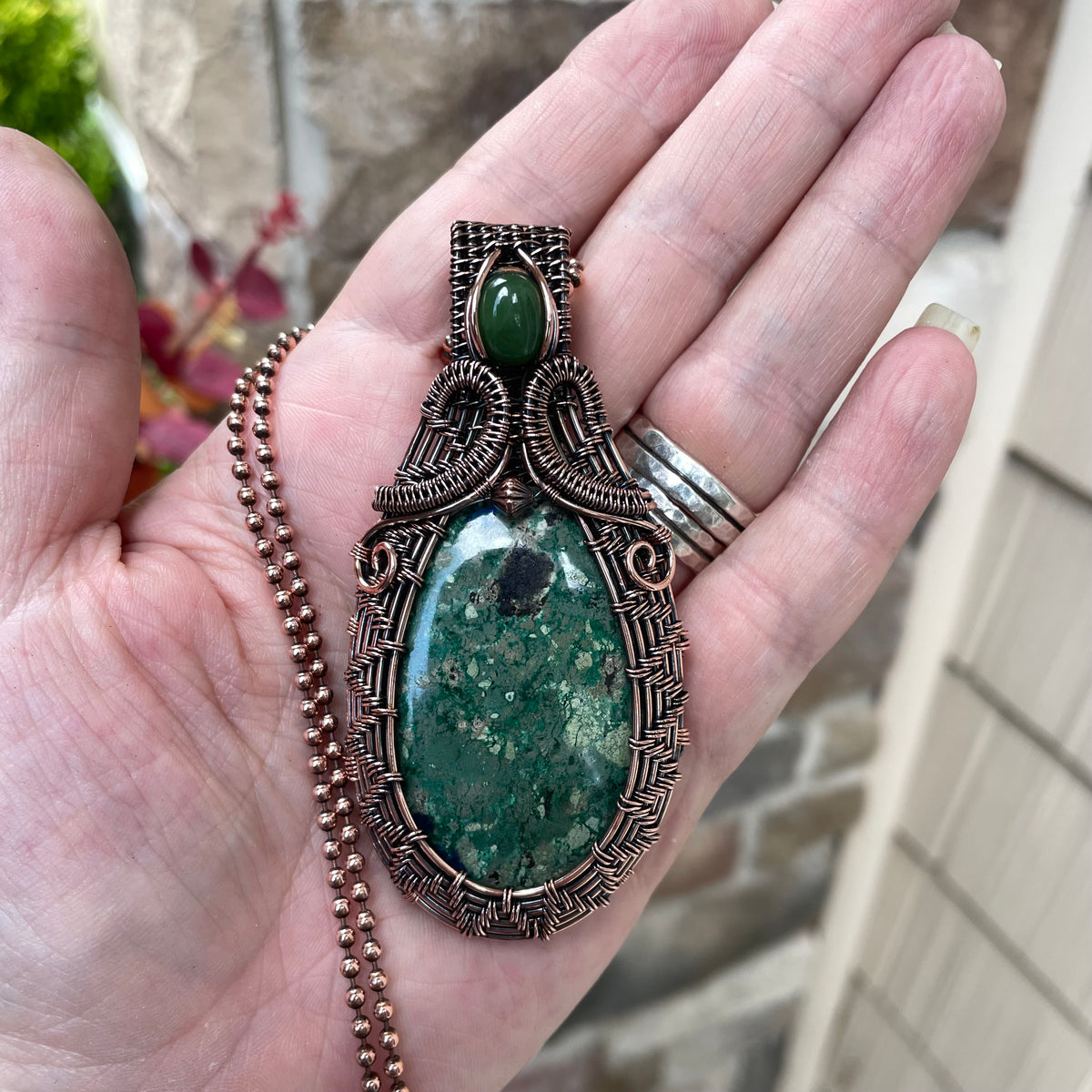 Azurite & Jade Woven Copper Pendant