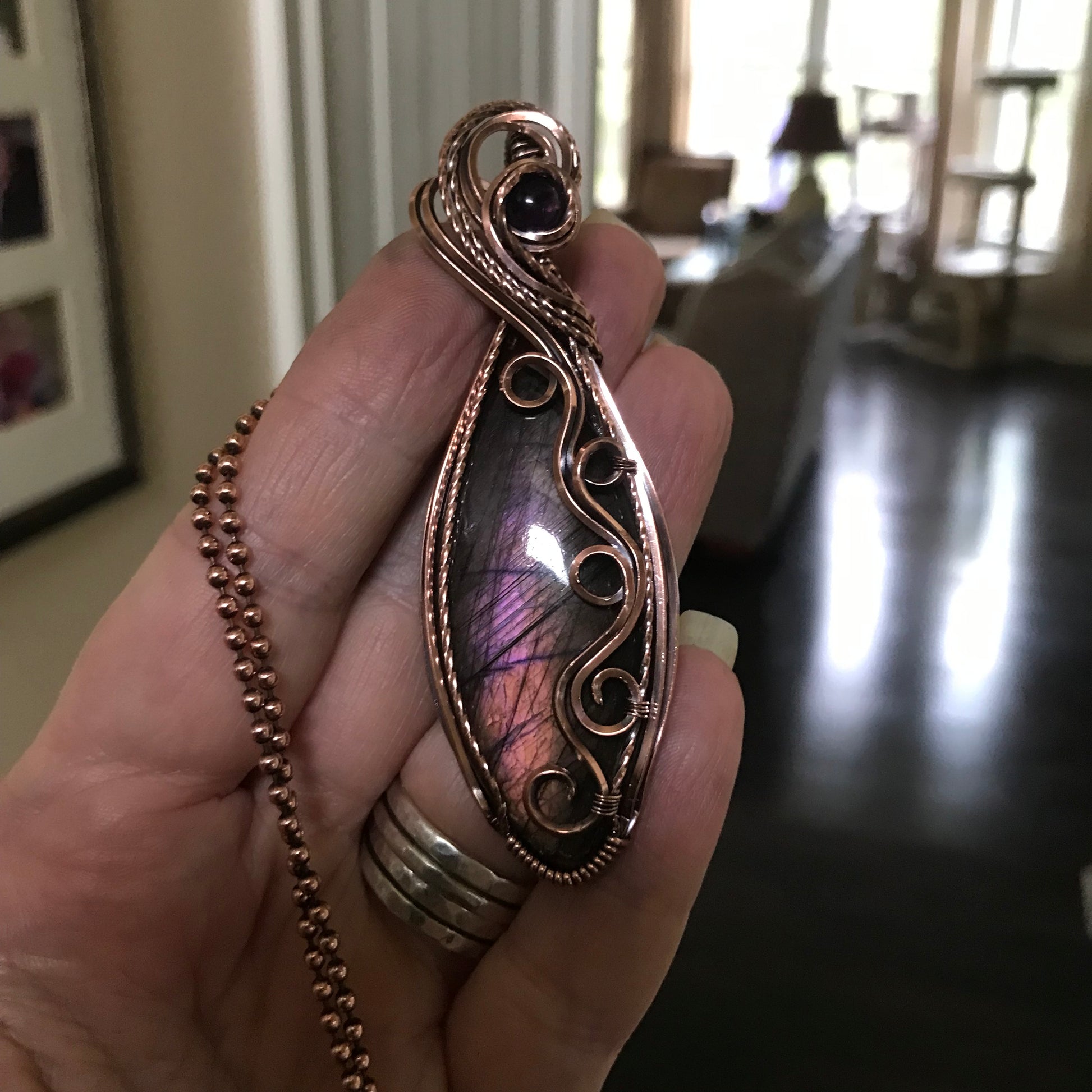 Purple Labradorite & Amethyst Swirly Copper Pendant