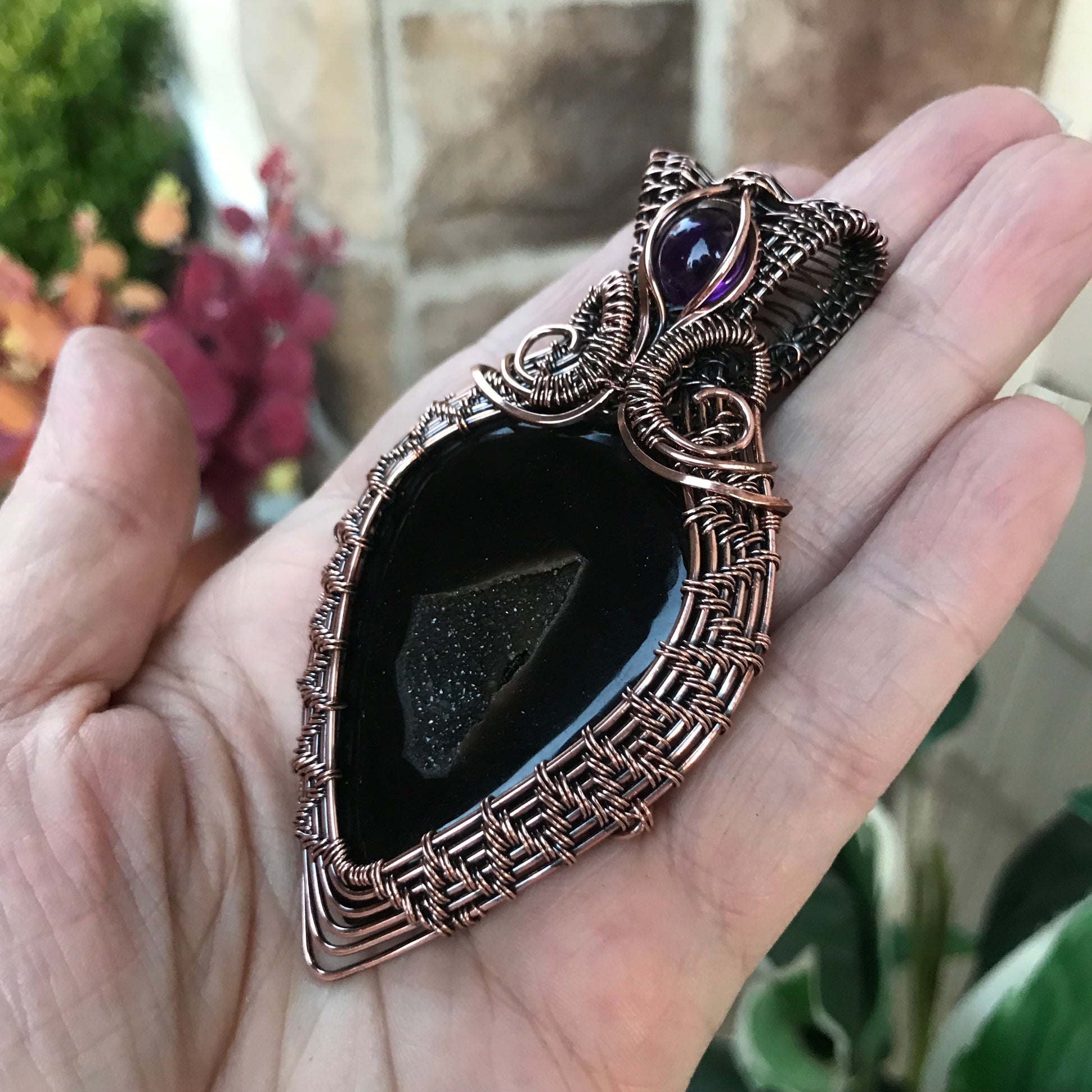 Onyx Druzy & Amethyst Woven Copper Necklace