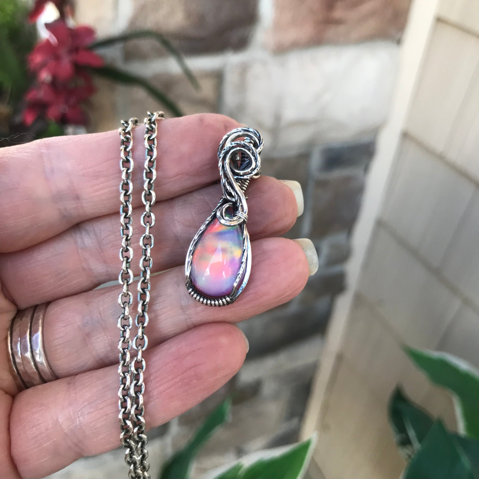 Aurora Opal Sterling Silver Pendant