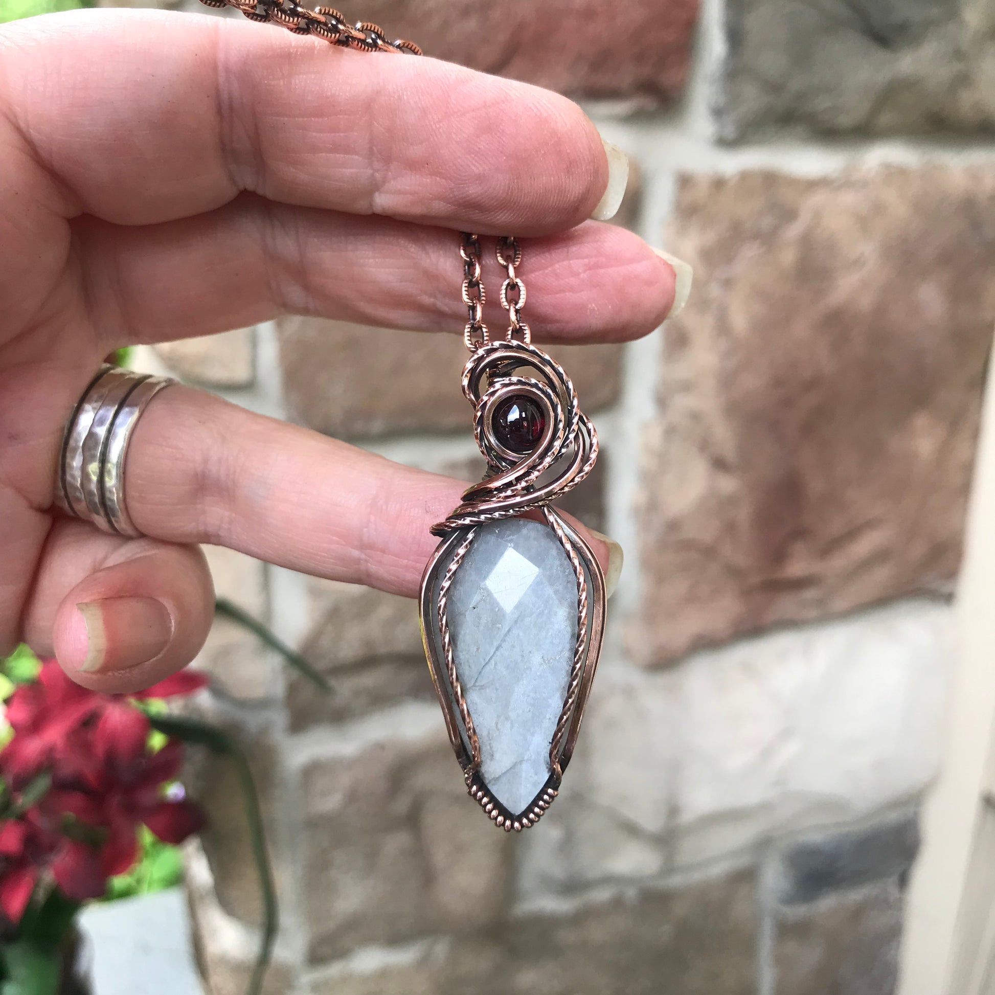 Gray Faceted Moonstone with Garnet Copper Necklace