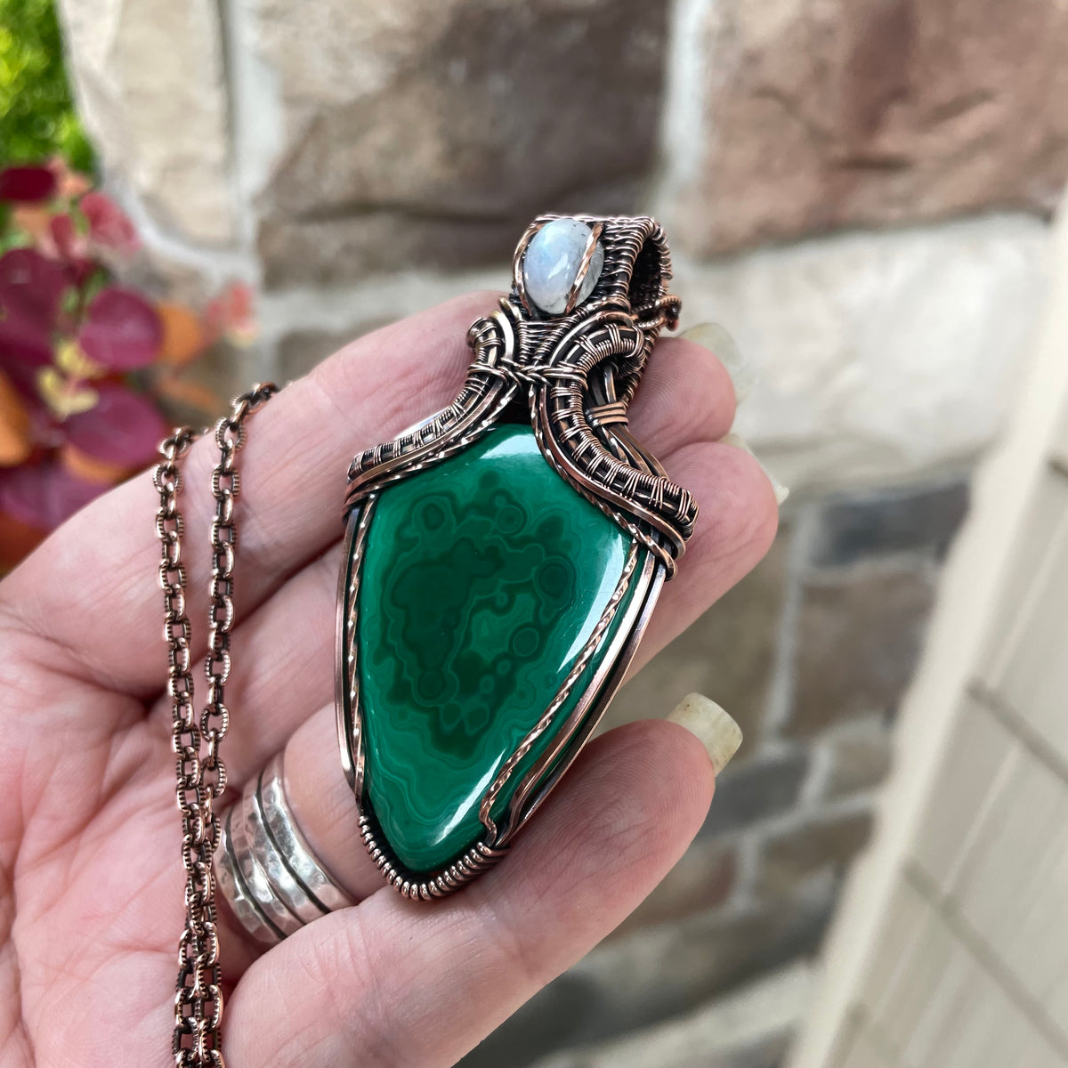 Malachite & Moonstone Copper Pendant with Weaving