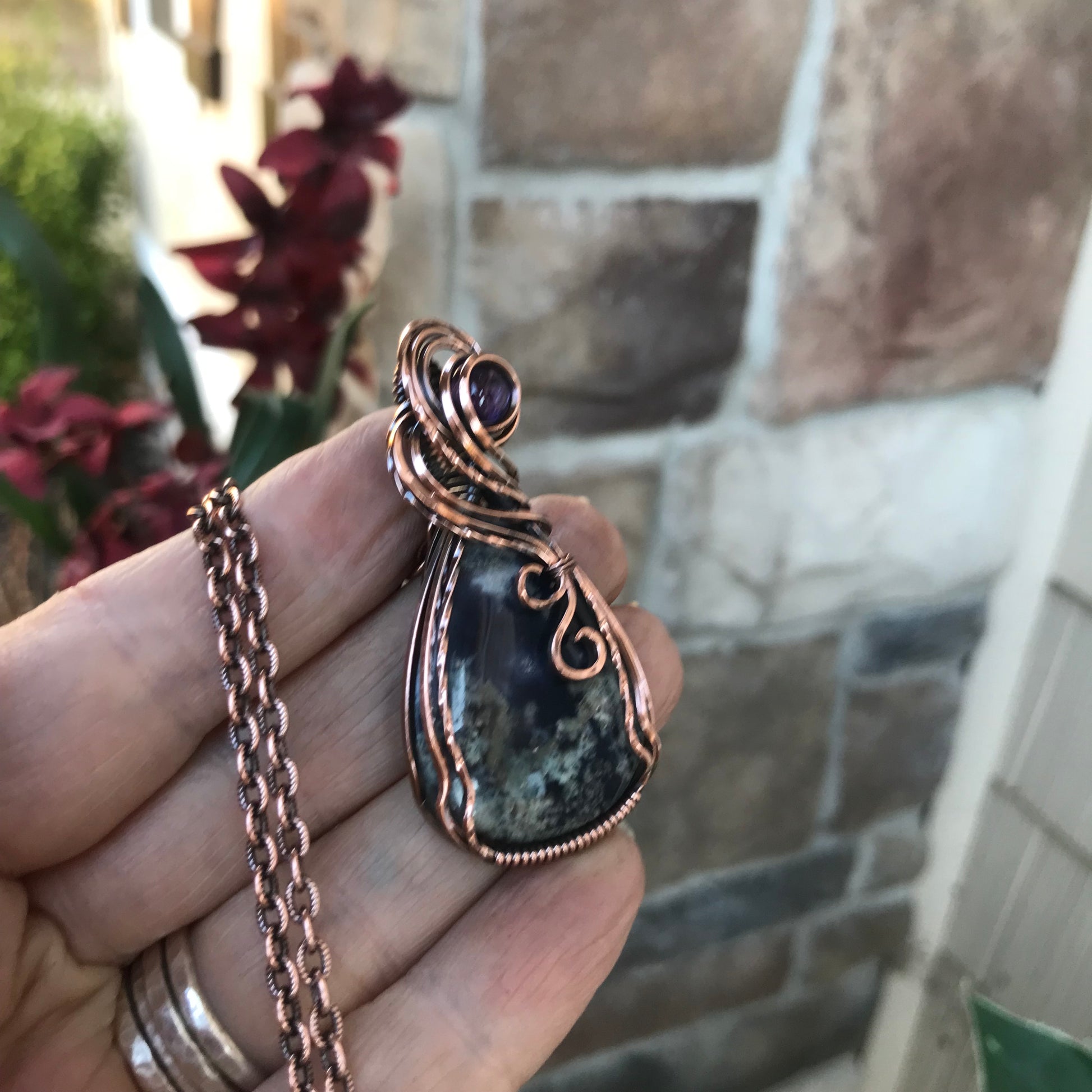 Purple & Green Moss Agate Chalcedony & Amethyst Copper Necklace