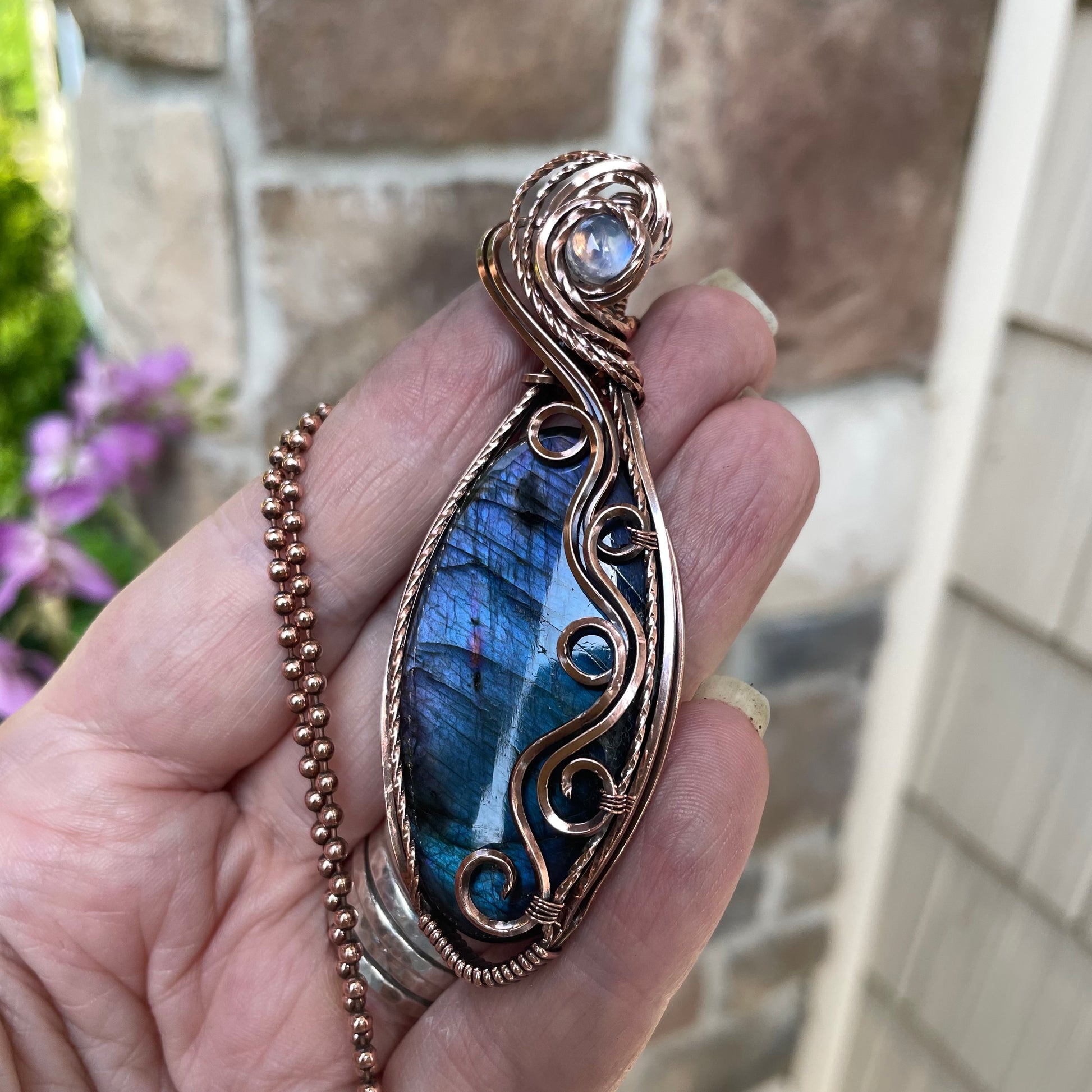 Blue Oval Slender Labradorite & Moonstone Swirly Copper Pendant