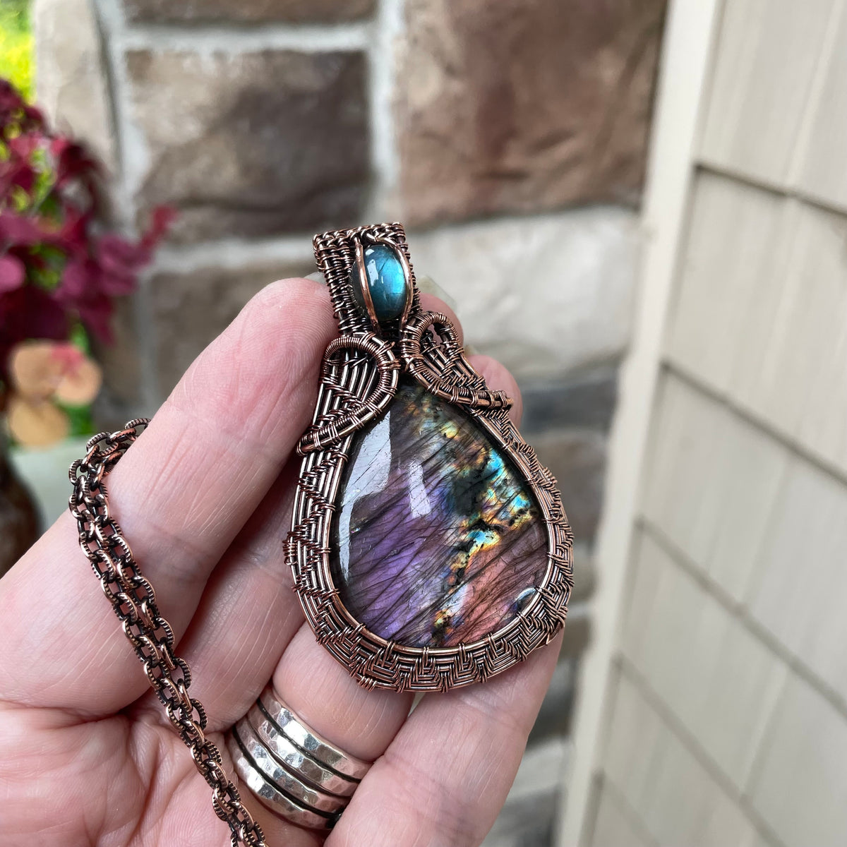 Purple Blue Labradorite  Copper Woven Pendant
