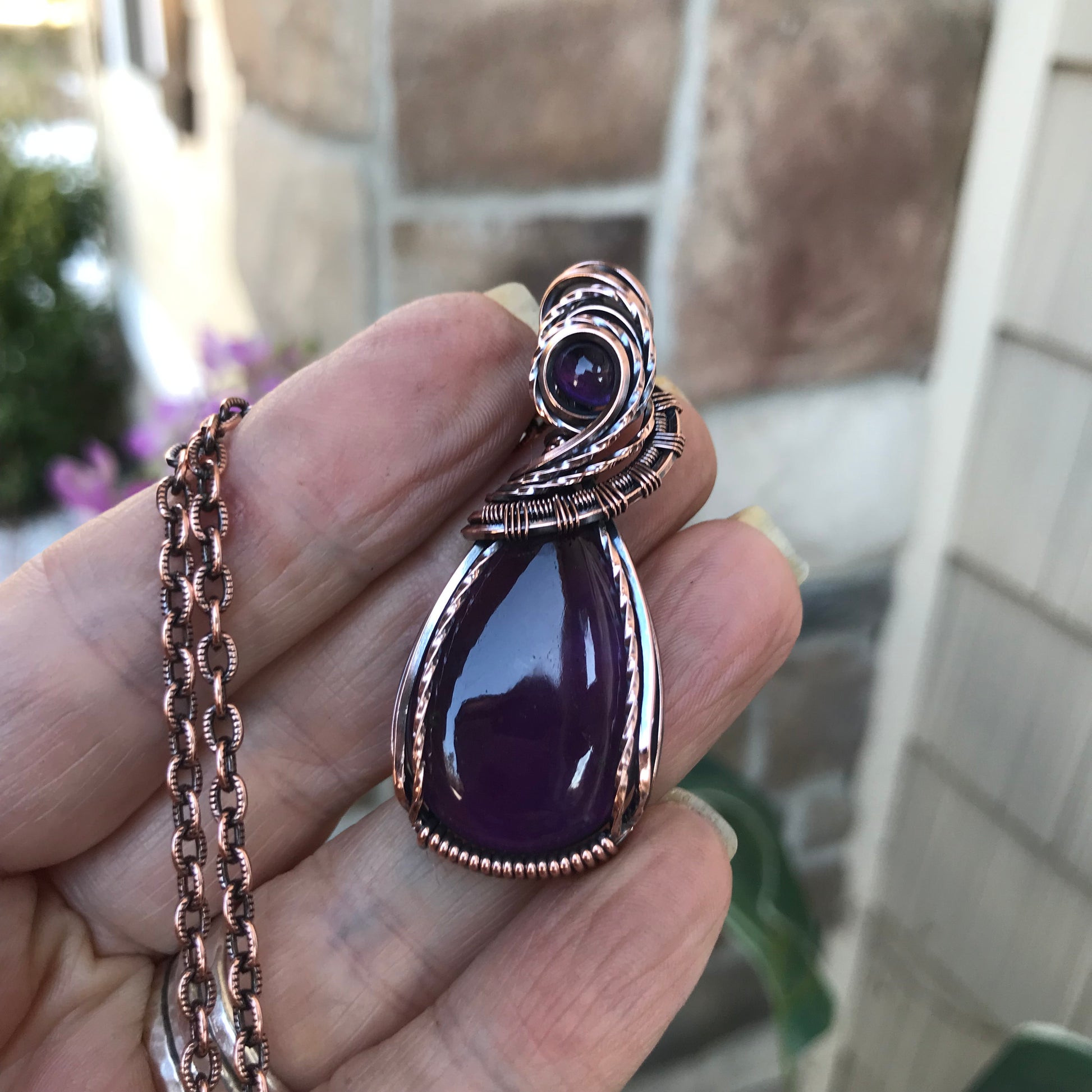 Amethyst with Amethyst Accent Teardrop Copper Pendant