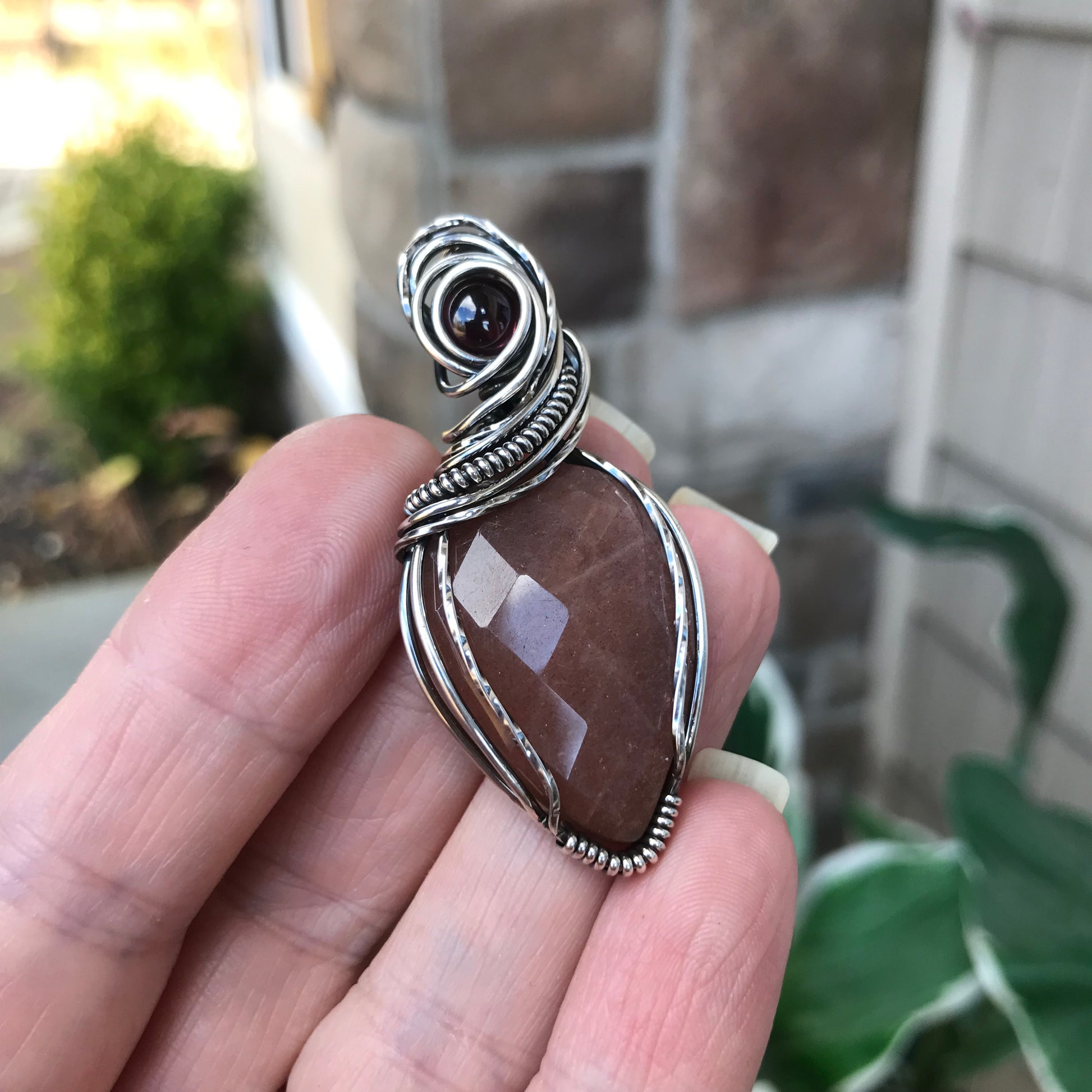 Peach Moonstone & Garnet Silver Necklace