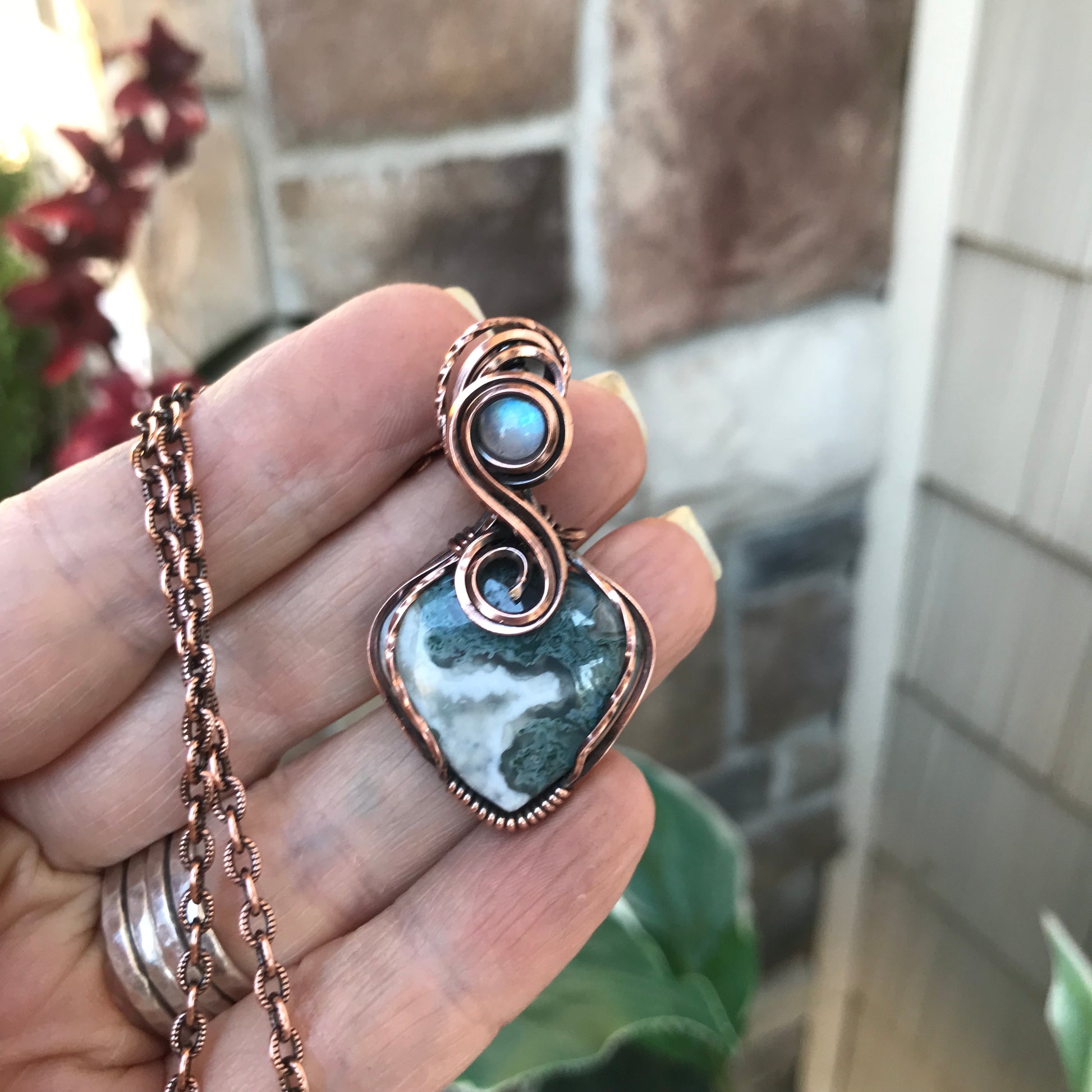 Teal Moss Agate Small Copper Pendant