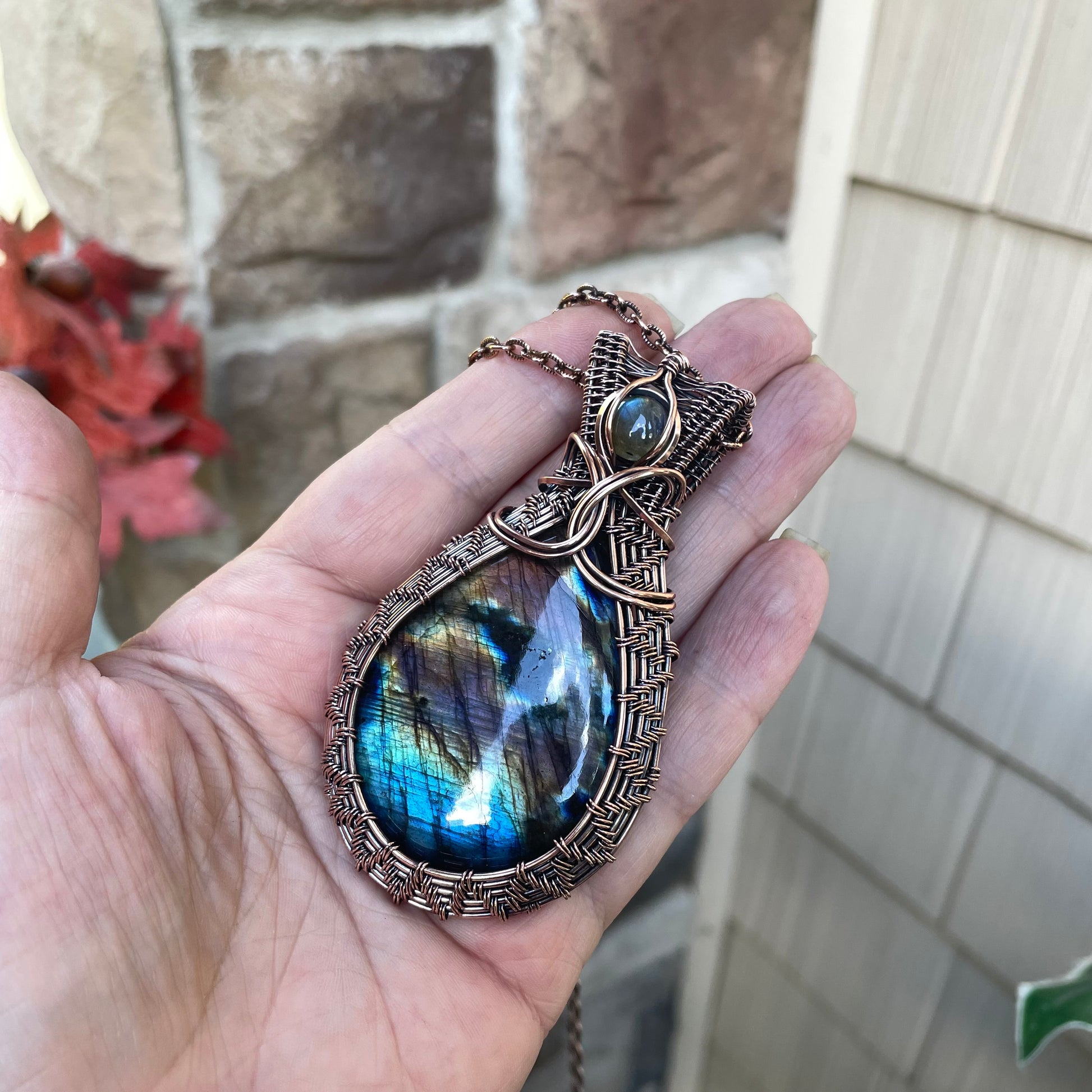 Rainbow Labradorite & Blue Labradorite Accent Woven Copper Pendant