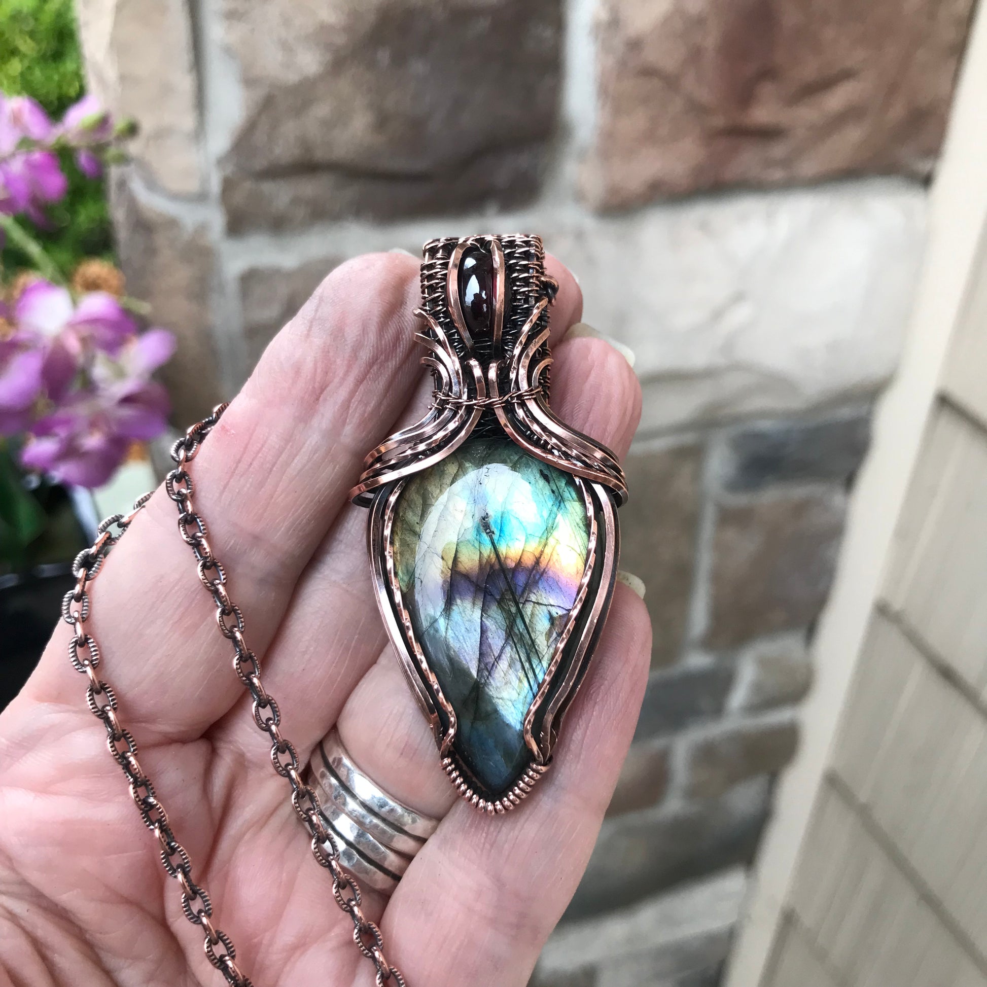 Rainbow Labradorite & Garnet Copper Necklace with Weaving